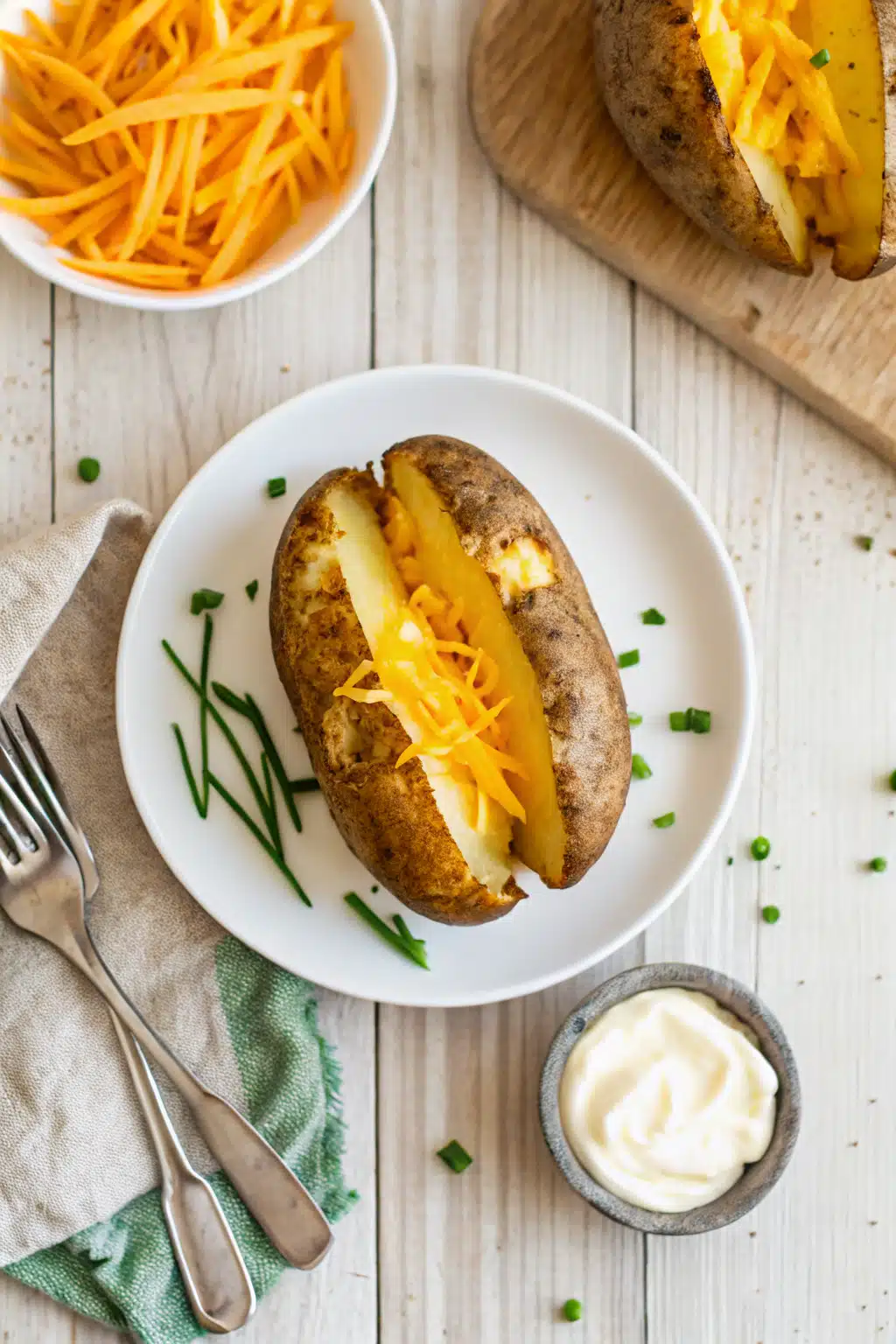 Baked Potato Recipe beautifully presented from an overhead angle