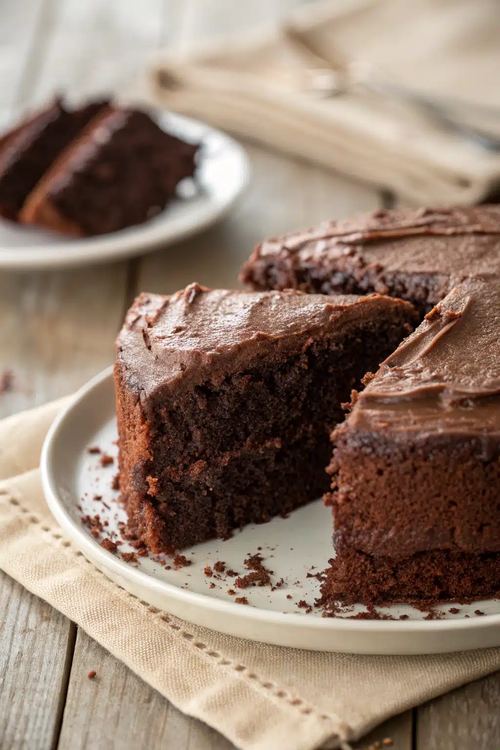 Easy Chocolate Cake slice on plate showing perfect texture and swirl pattern