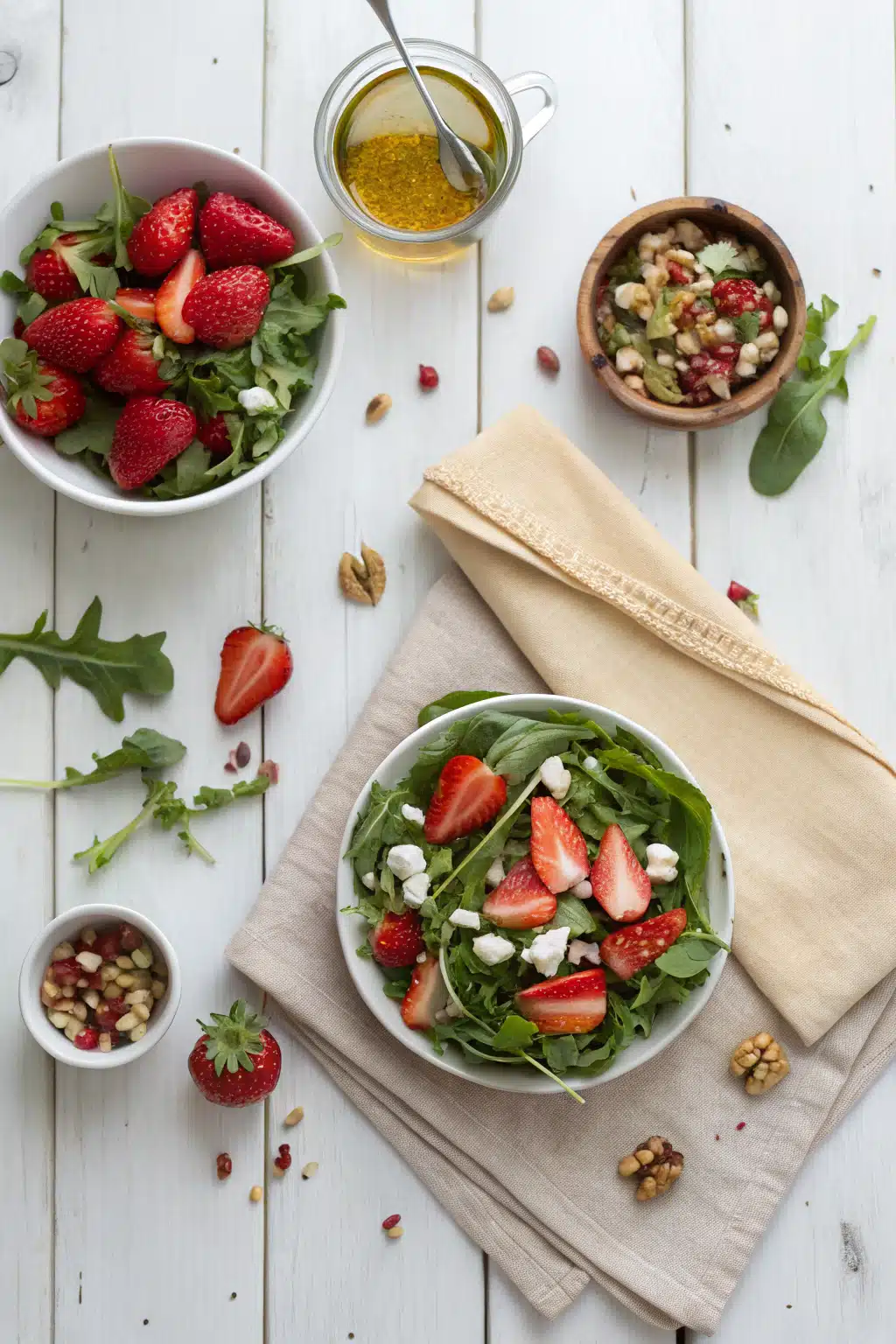 Strawberry Greens Salad beautifully presented from an overhead angle
