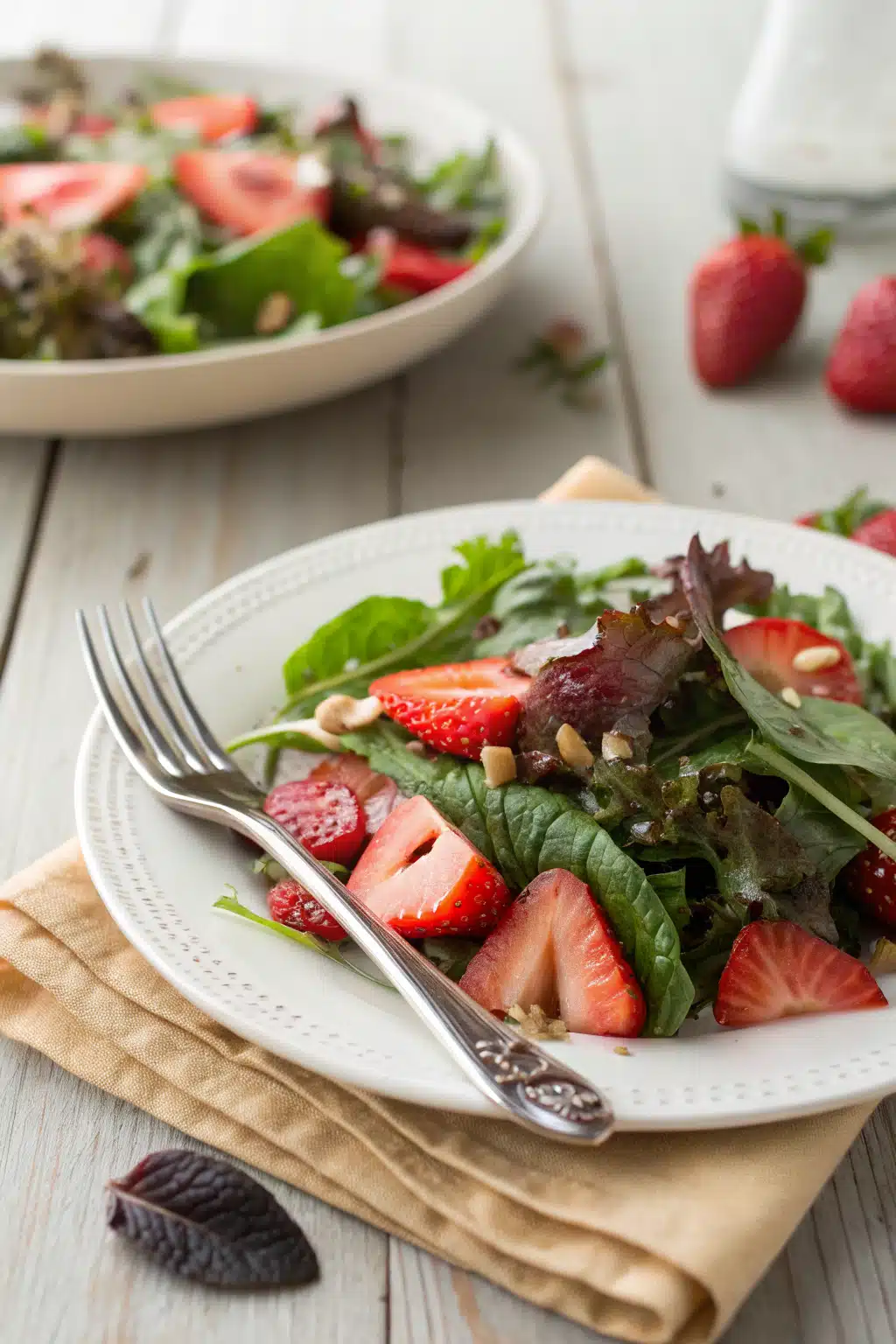 Strawberry Greens Salad ingredients organized and measured on kitchen counter