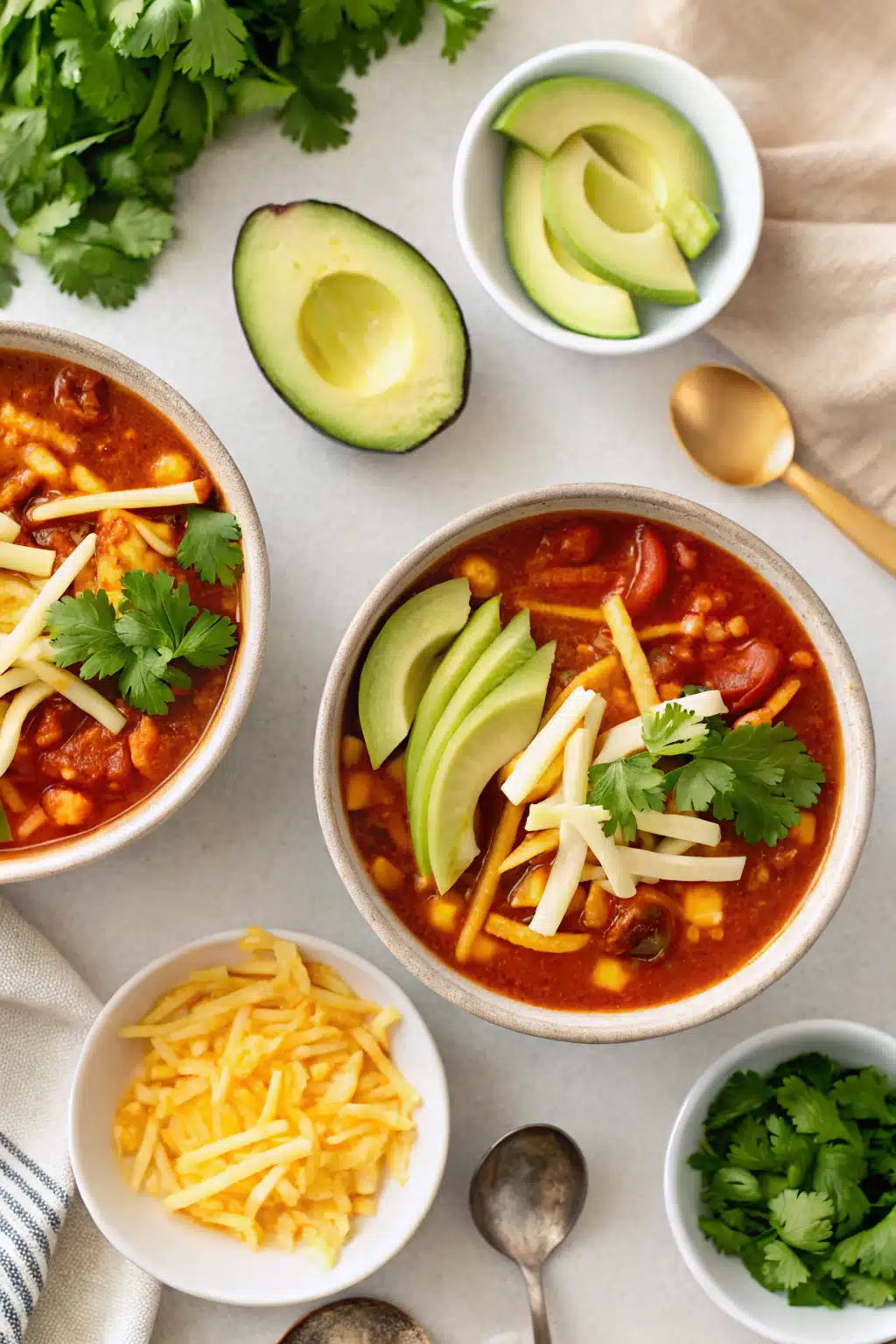 Slow Cooker Chicken Tortilla Soup beautifully presented from an overhead angle