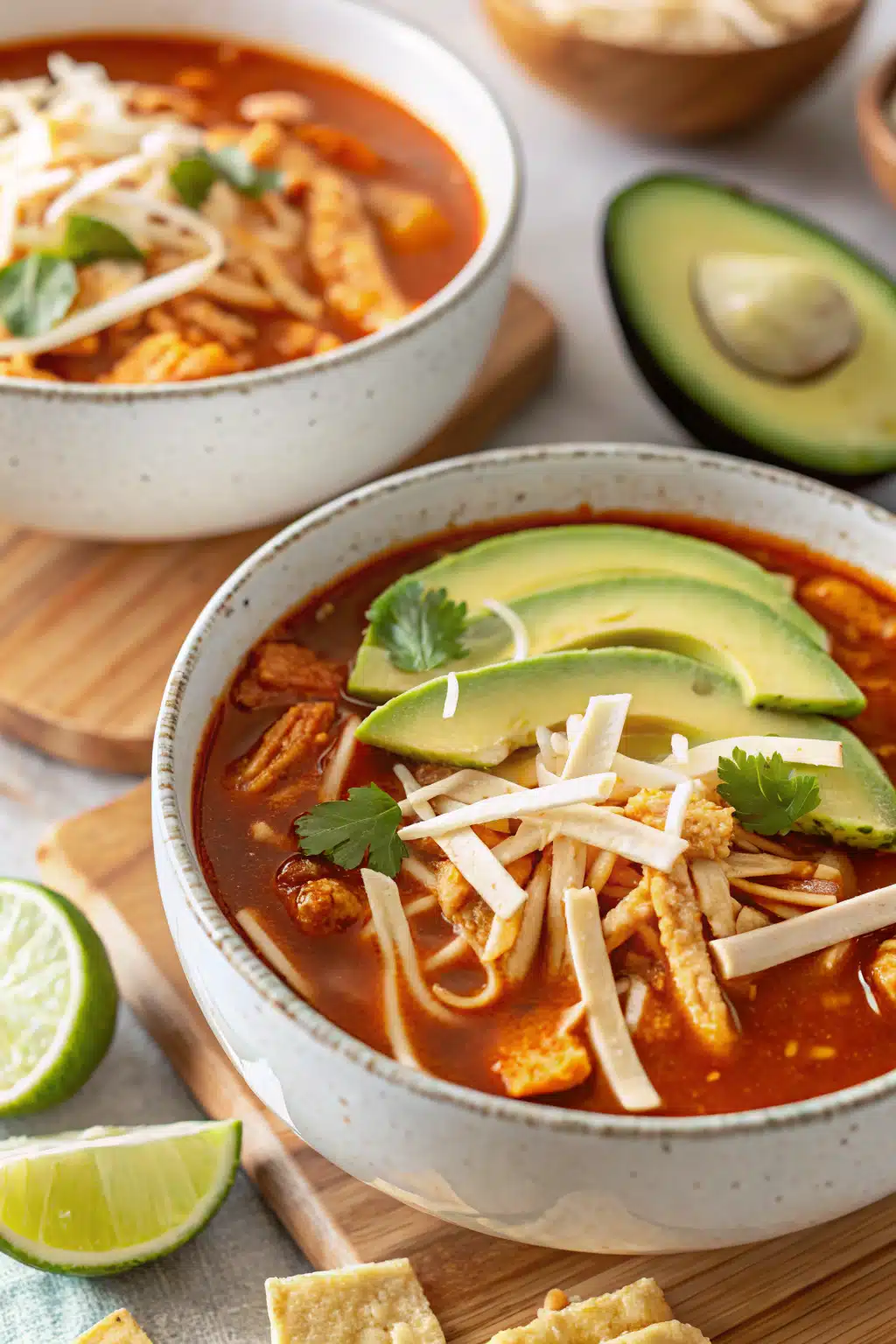 Slow Cooker Chicken Tortilla Soup slice on plate showing perfect texture and swirl pattern