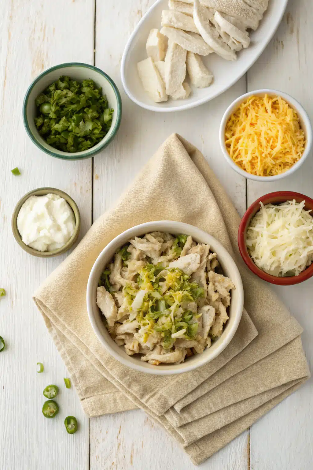 Green Chile Chicken Casserole beautifully presented from an overhead angle
