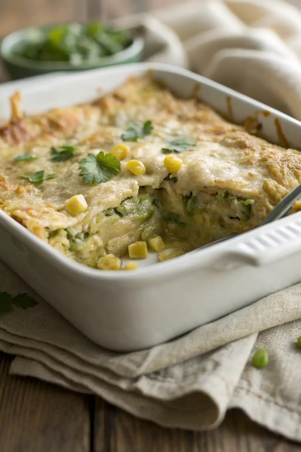 Green Chile Chicken Casserole slice on plate showing perfect texture and swirl pattern