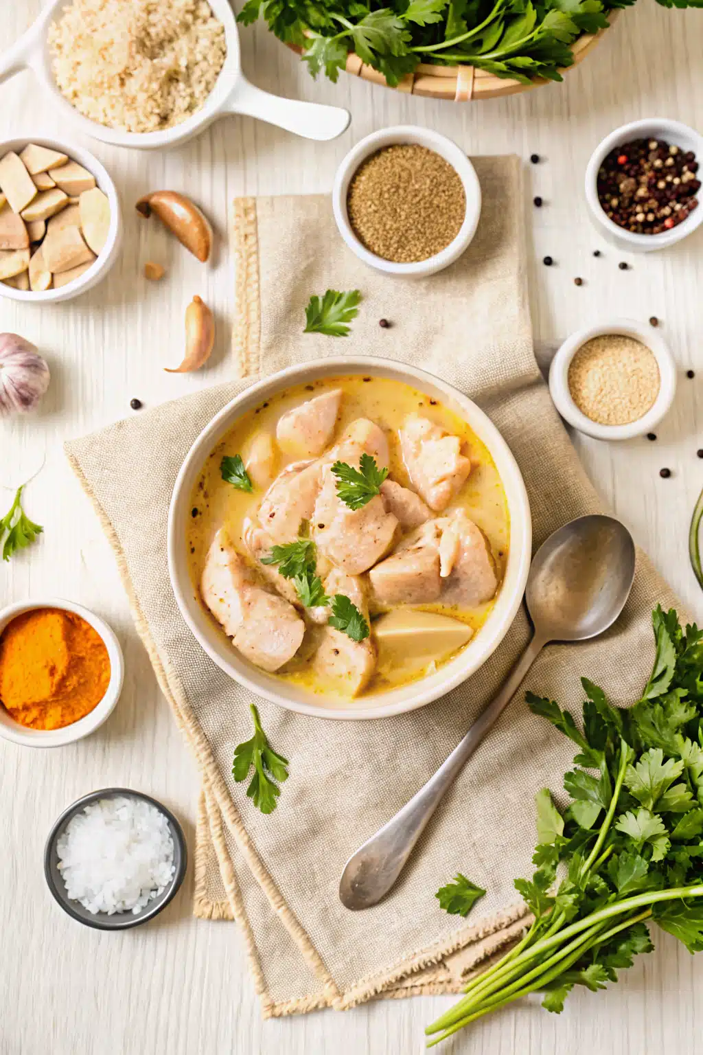 Southern Chicken And Dumplings beautifully presented from an overhead angle