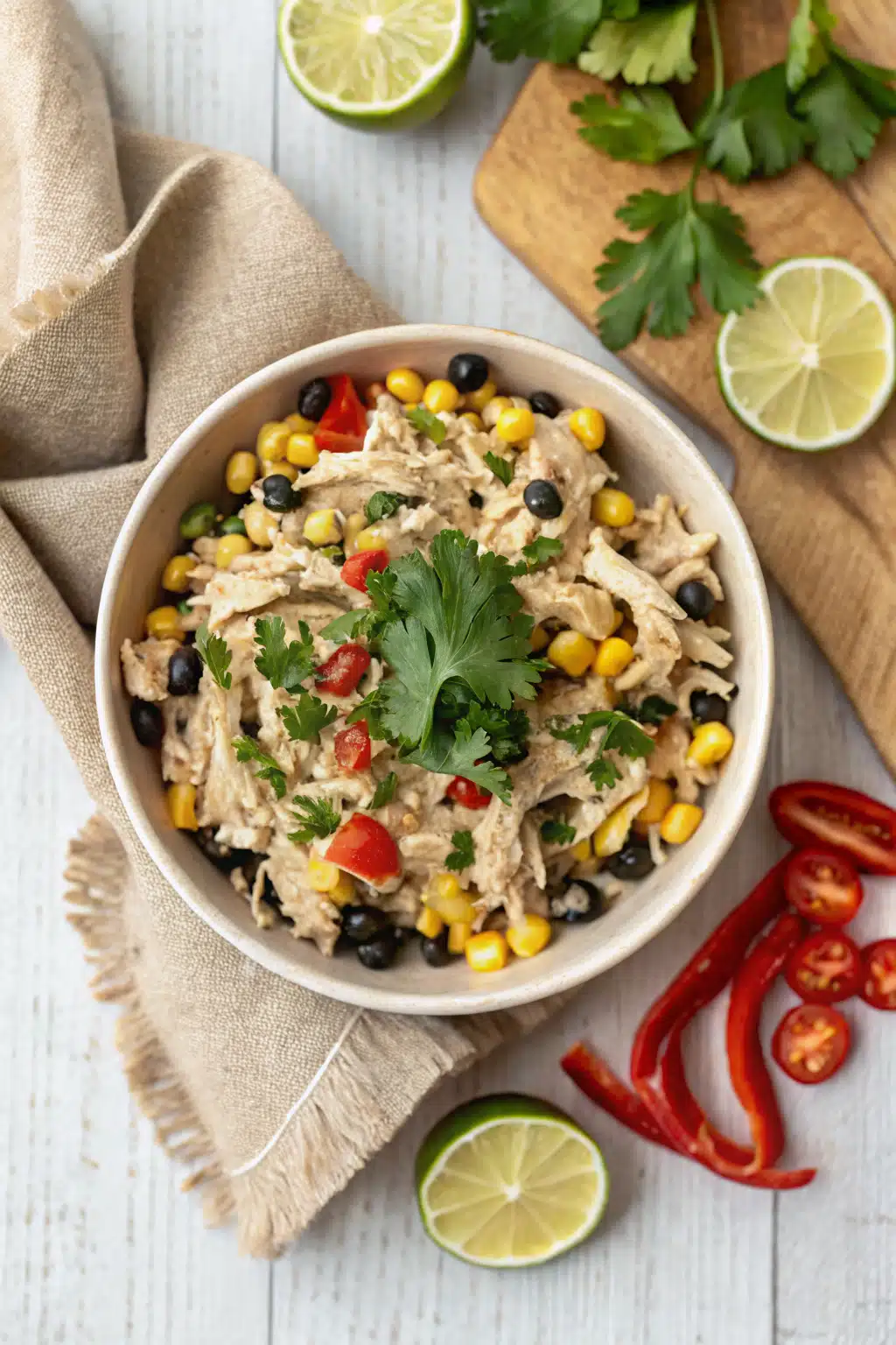 Southwest chicken salad beautifully presented from an overhead angle