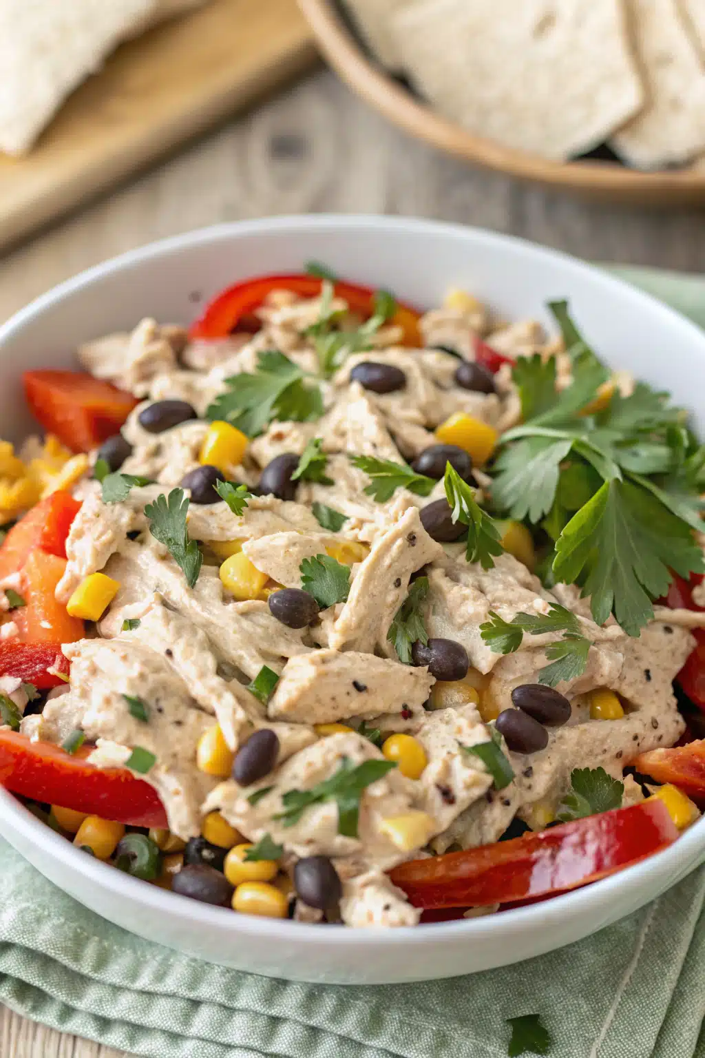 Southwest chicken salad slice on plate showing perfect texture and swirl pattern