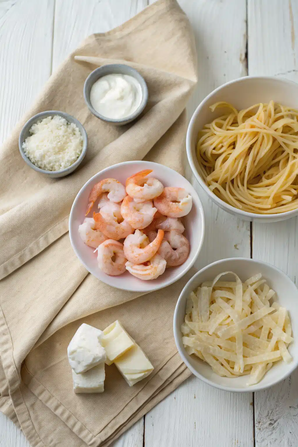 Shrimp Alfredo Recipe beautifully presented from an overhead angle