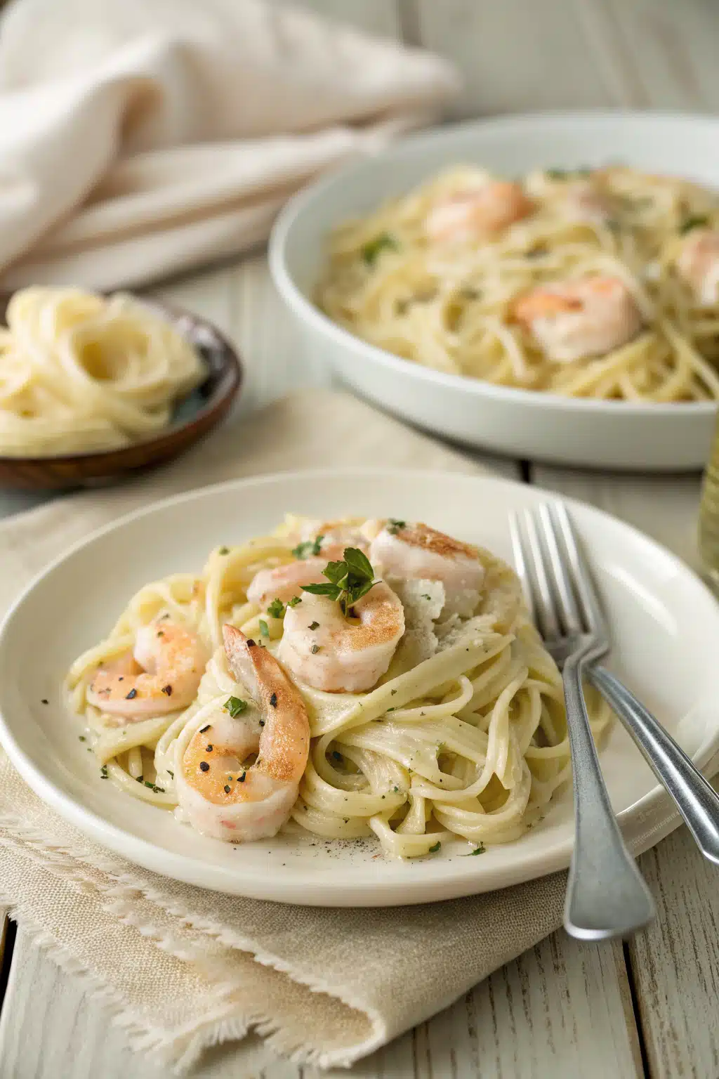 Shrimp Alfredo Recipe ingredients organized and measured on kitchen counter