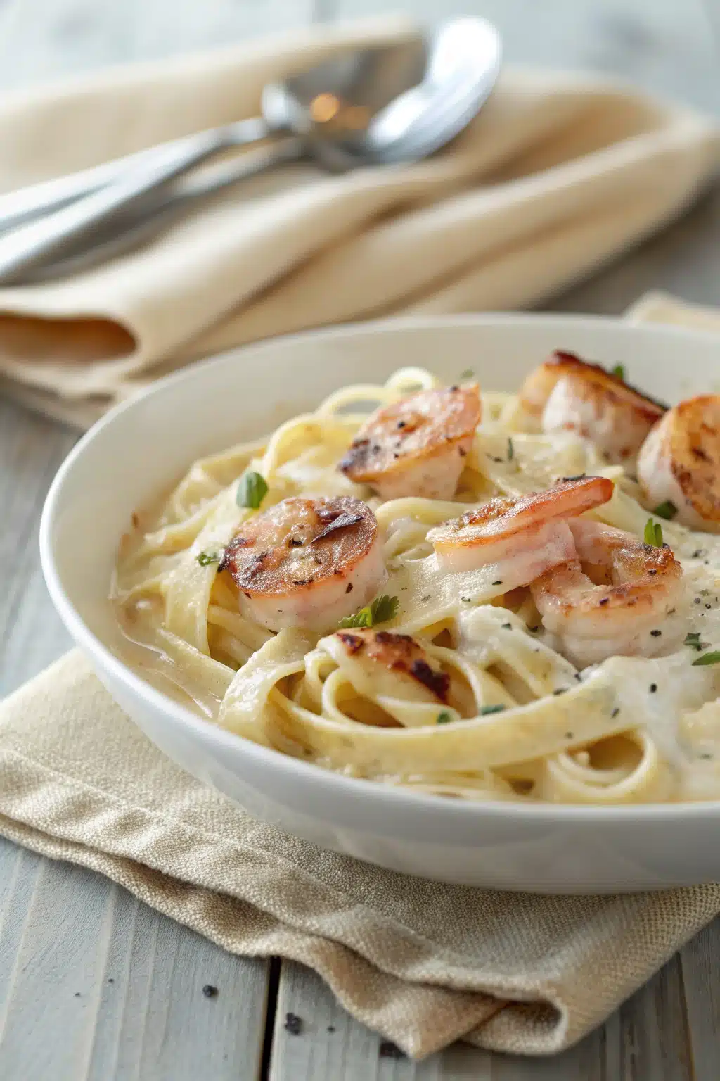 Shrimp Alfredo Recipe slice on plate showing perfect texture and swirl pattern
