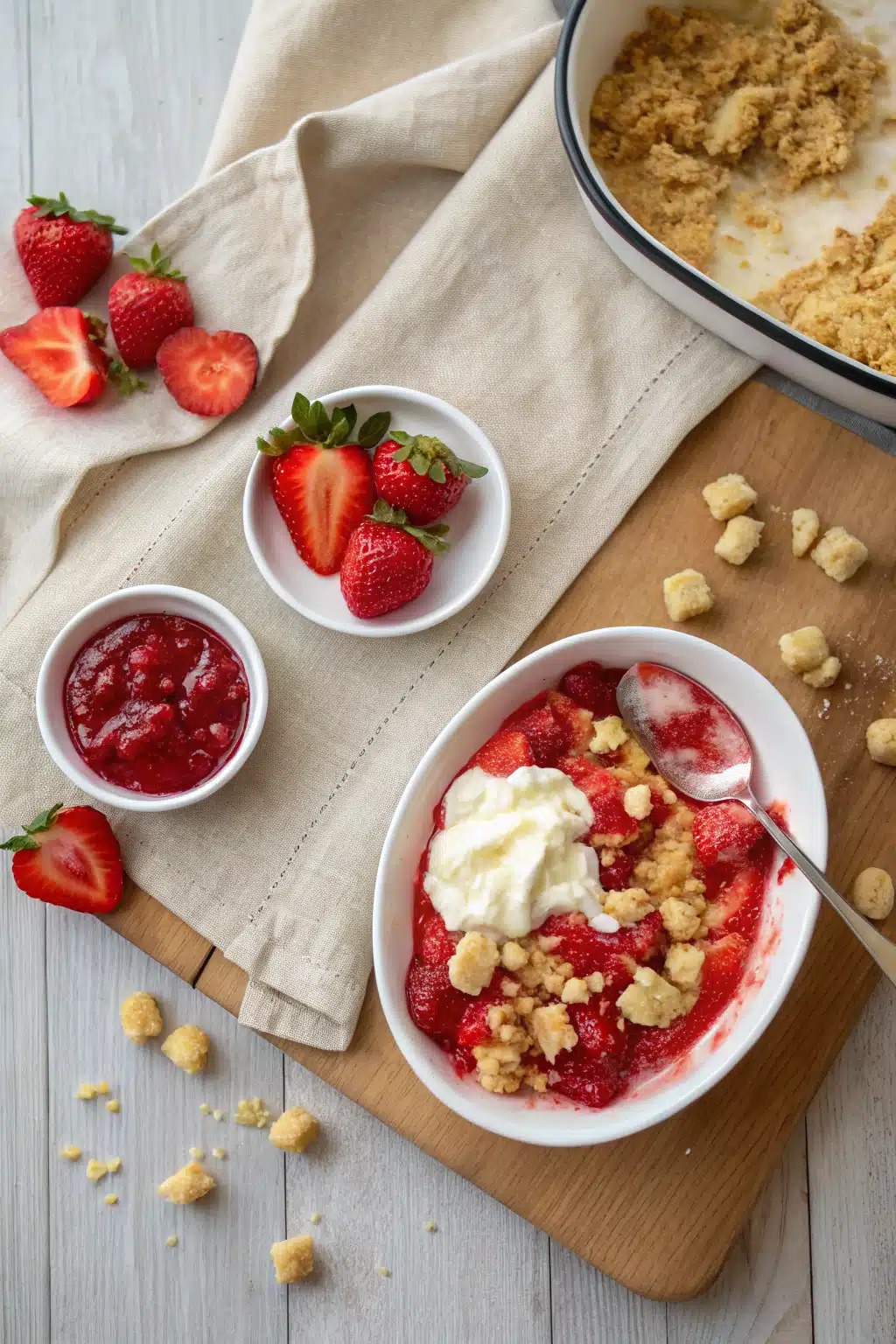 Strawberry Cheesecake Dump Cake beautifully presented from an overhead angle