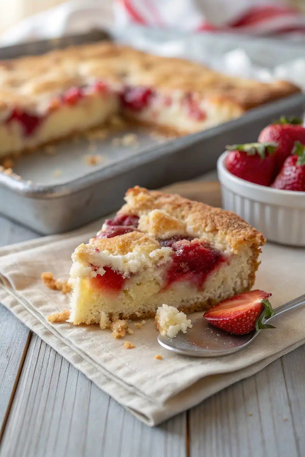 Strawberry Cheesecake Dump Cake slice on plate showing perfect texture and swirl pattern