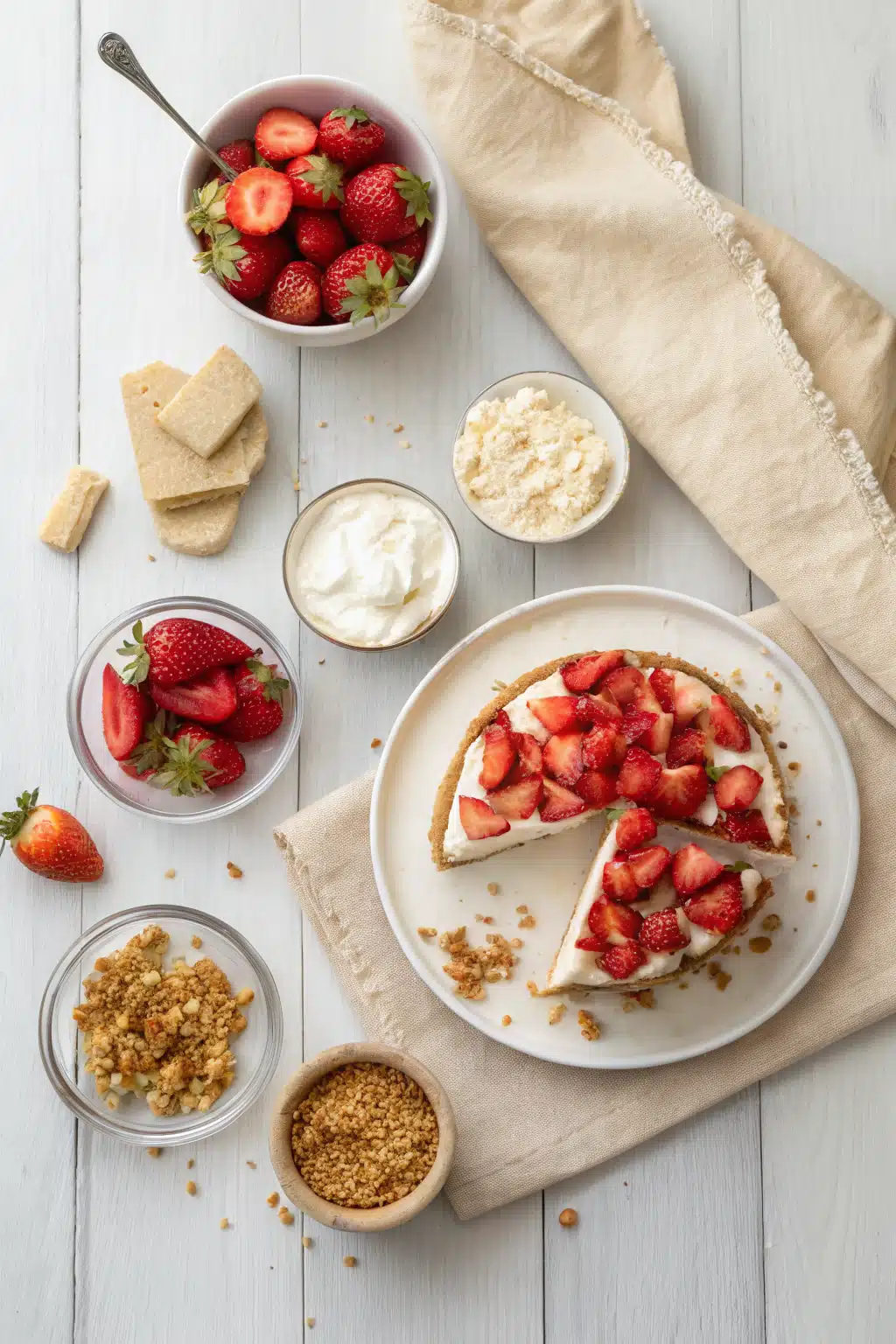 Easy Strawberry Cheesecake beautifully presented from an overhead angle