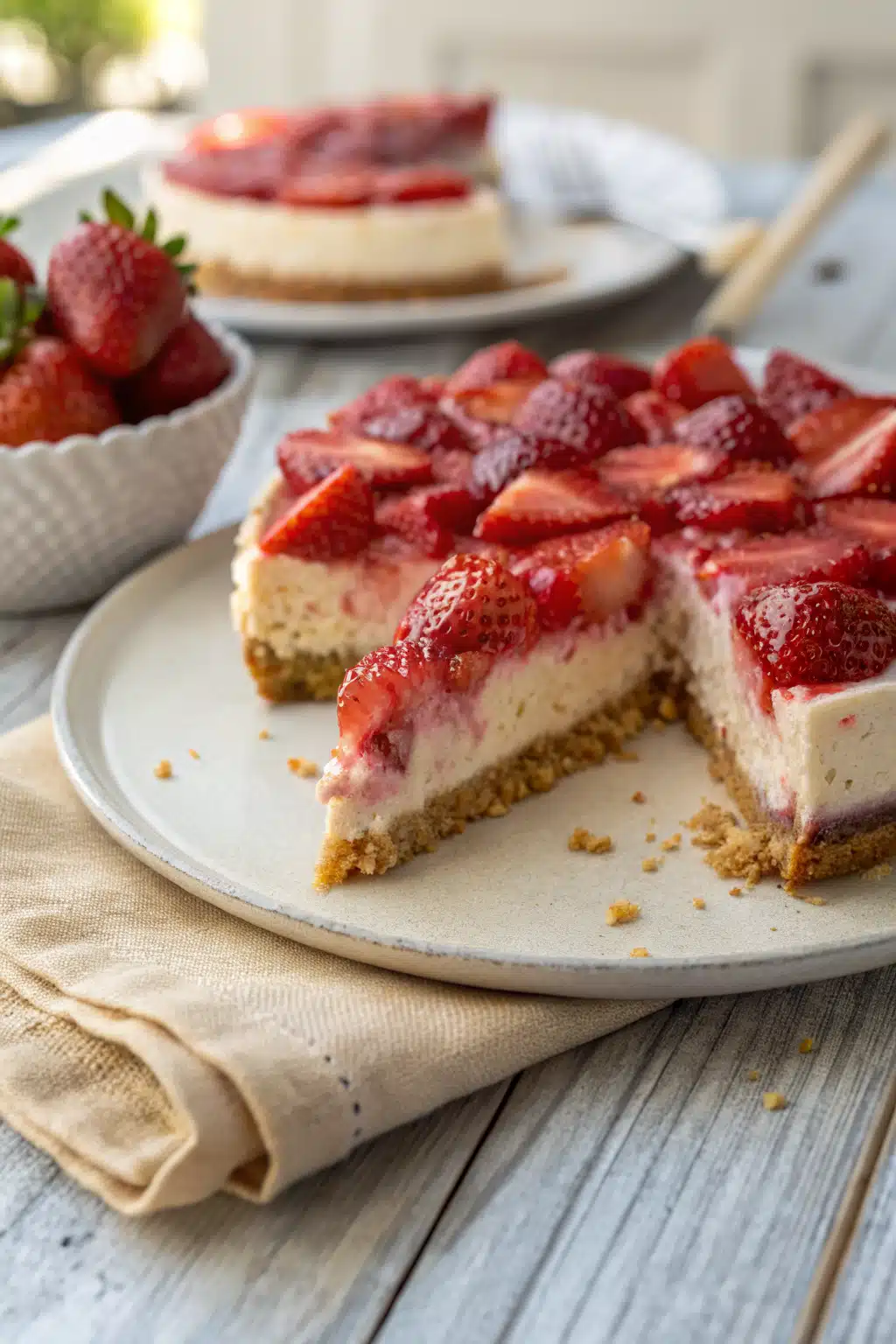 Easy Strawberry Cheesecake slice on plate showing perfect texture and swirl pattern