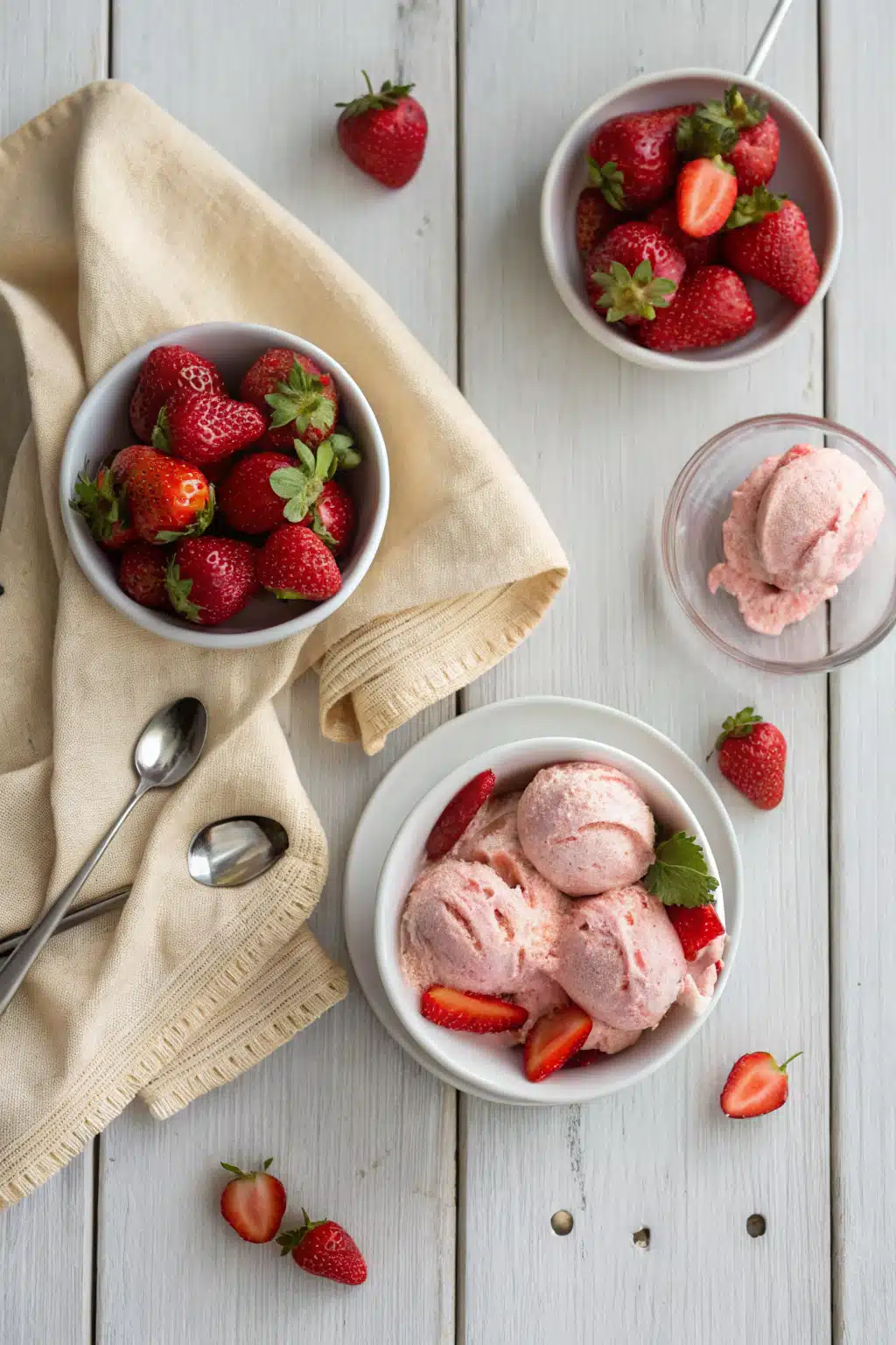 Homemade Strawberry Ice Cream beautifully presented from an overhead angle