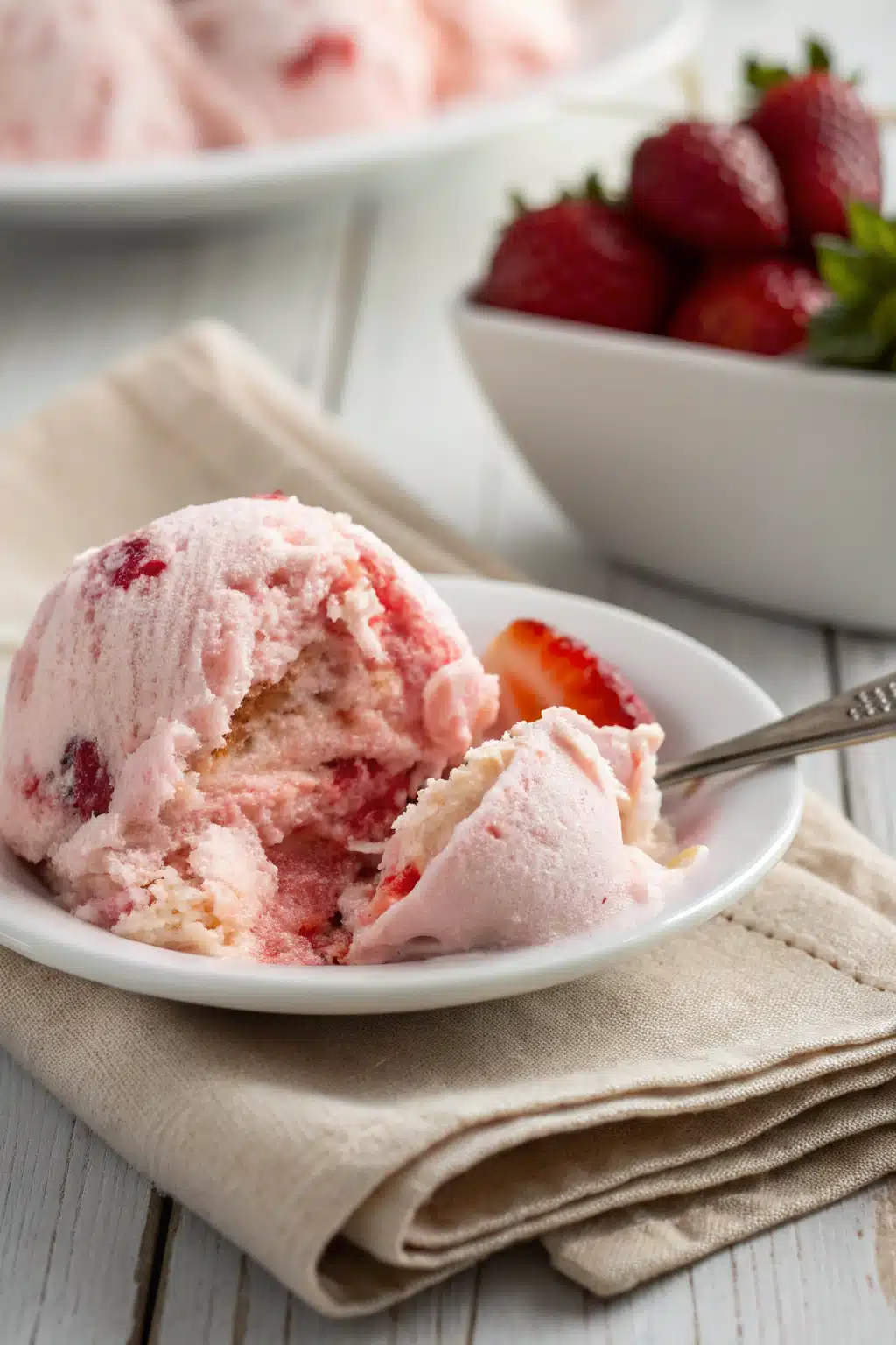 Homemade Strawberry Ice Cream slice on plate showing perfect texture and swirl pattern
