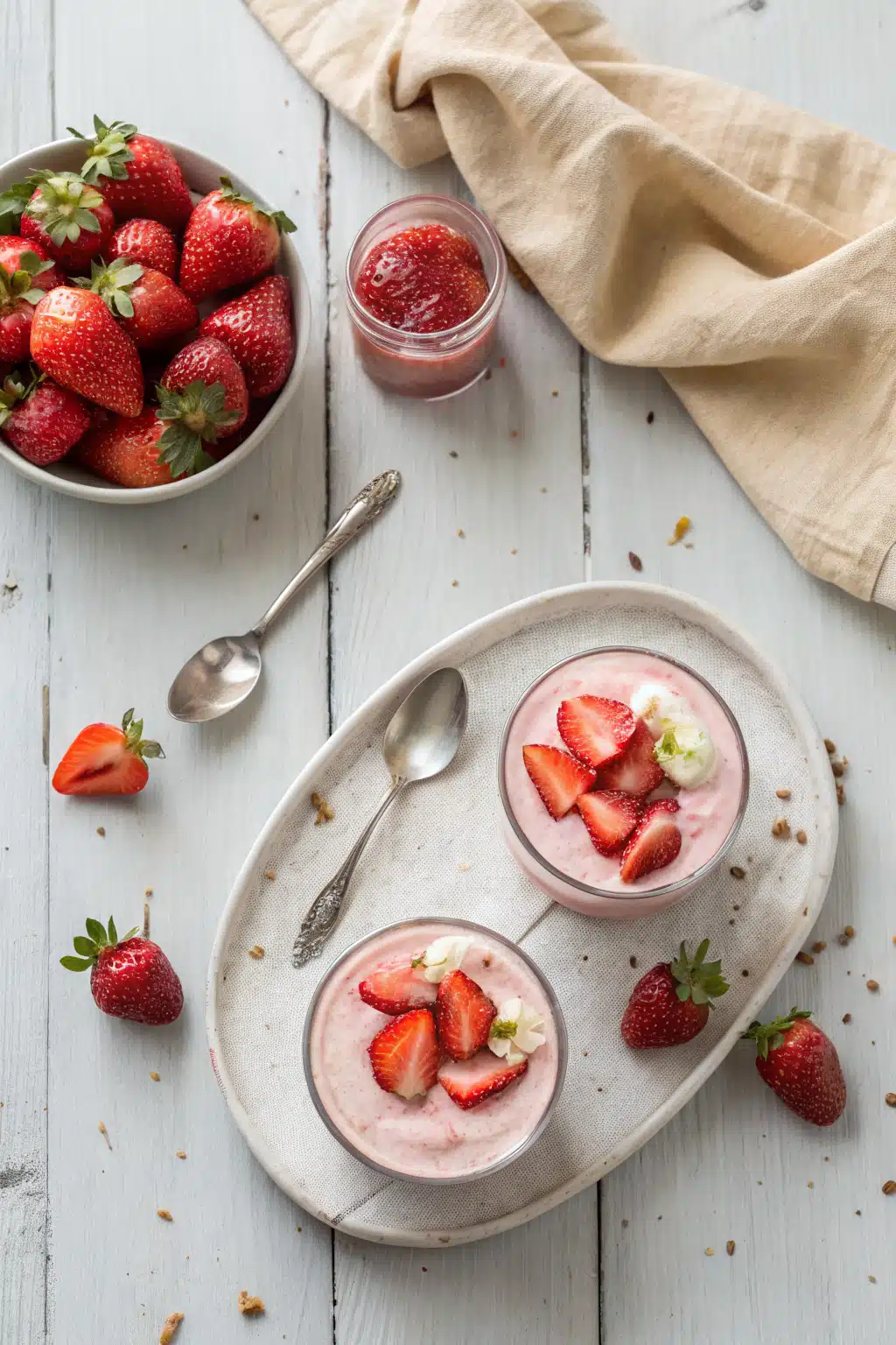 Light Strawberry Mousse beautifully presented from an overhead angle