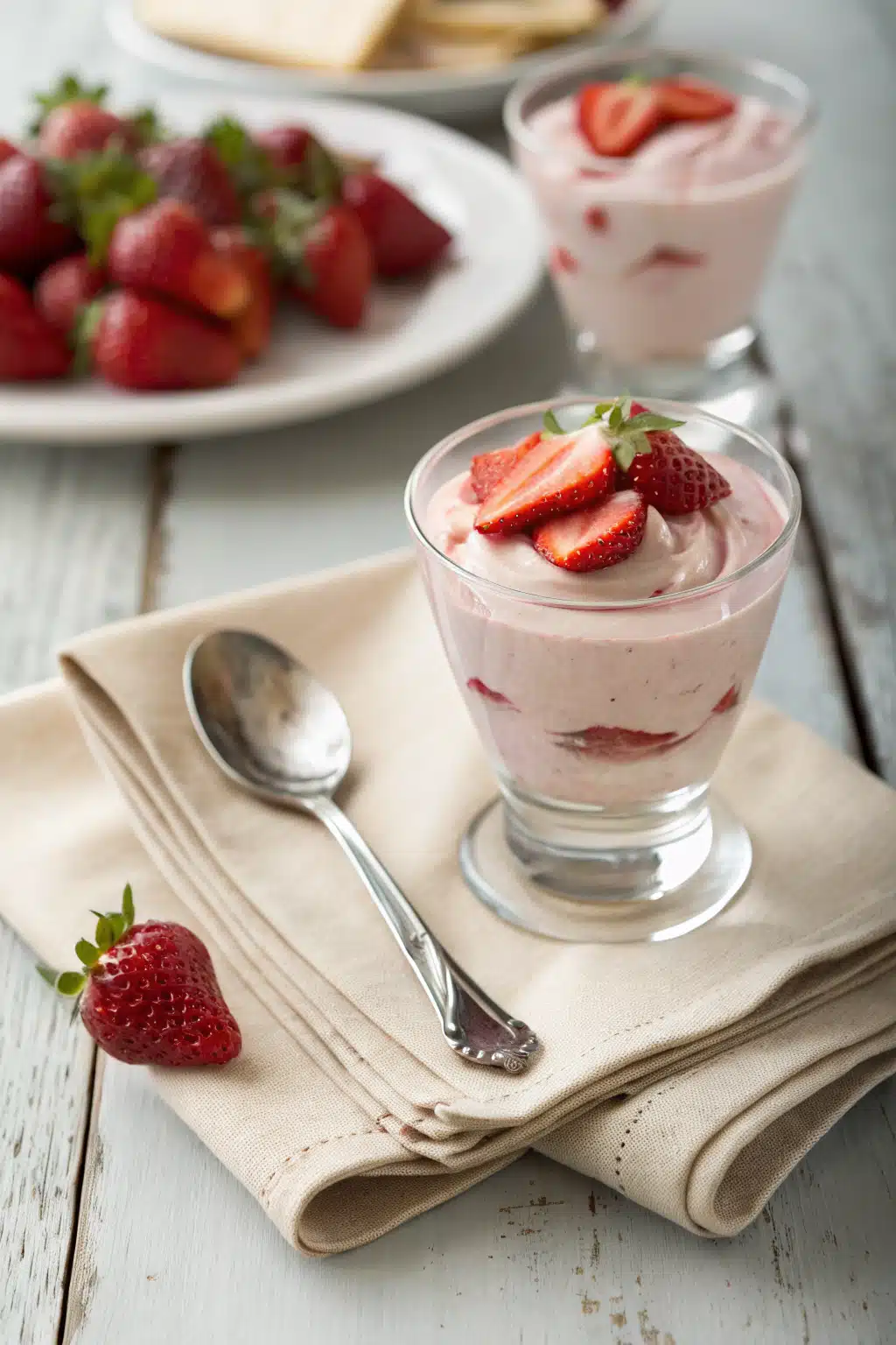 Light Strawberry Mousse ingredients organized and measured on kitchen counter