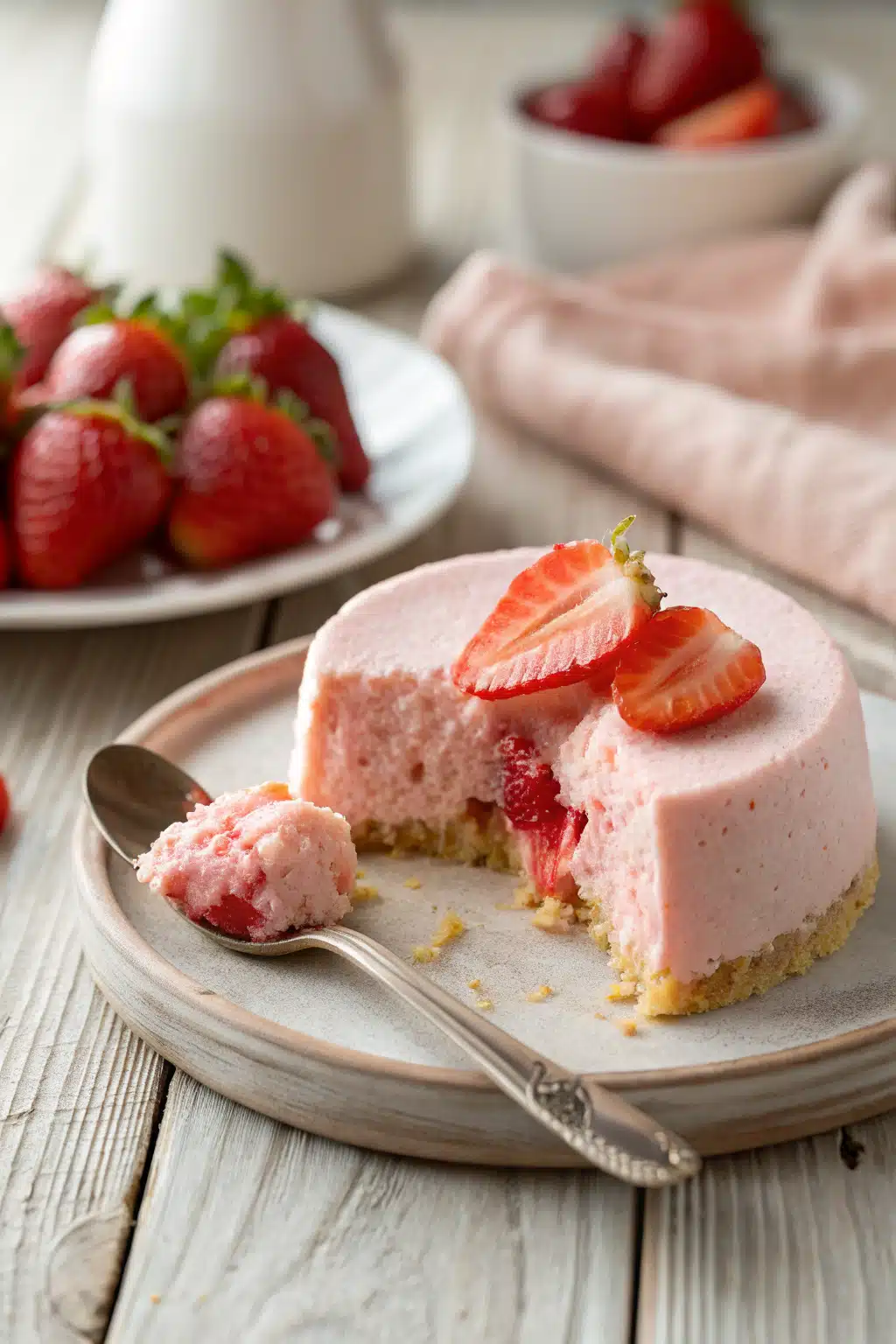 Light Strawberry Mousse slice on plate showing perfect texture and swirl pattern