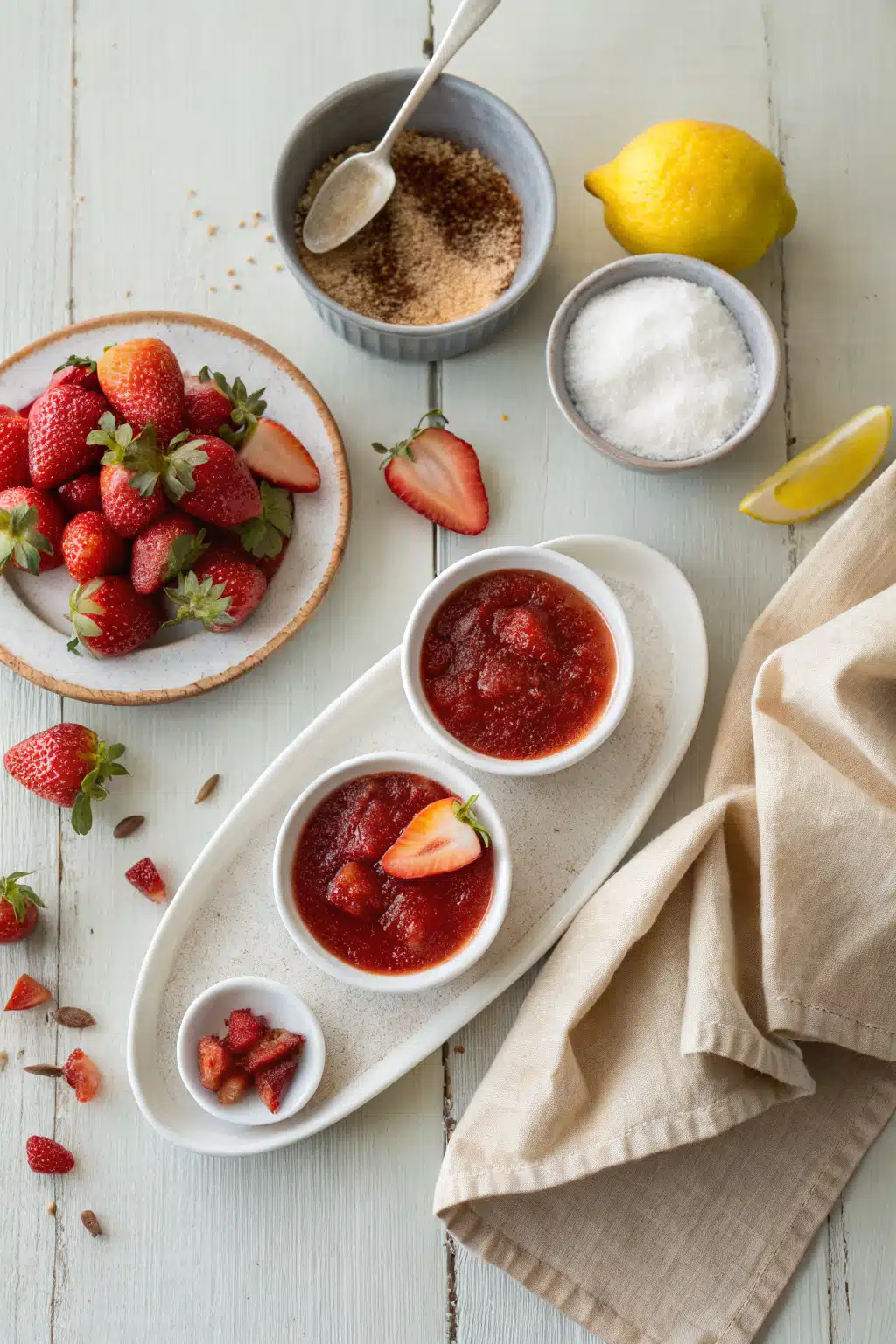 Homemade Strawberry Sauce beautifully presented from an overhead angle