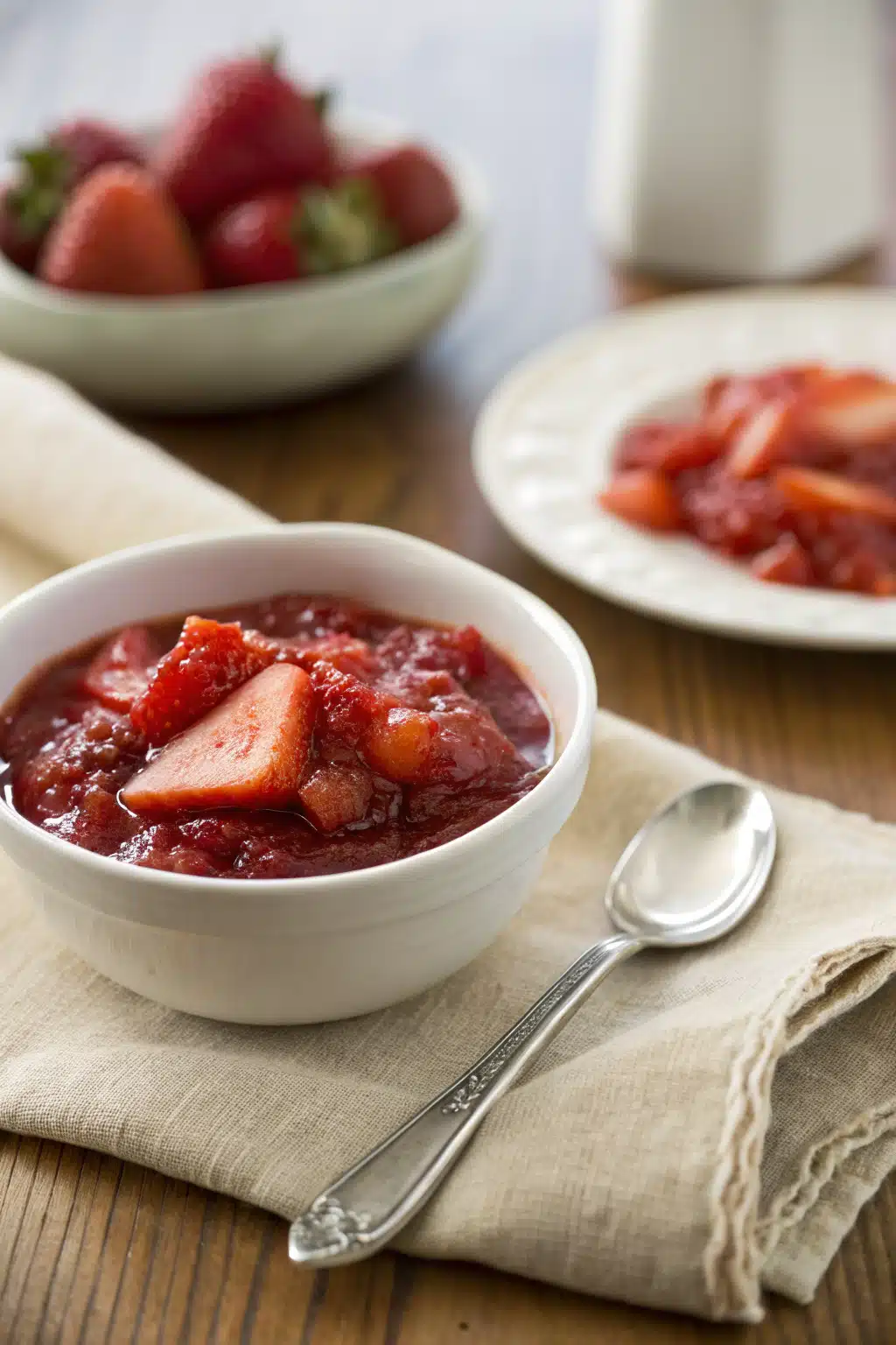 Homemade Strawberry Sauce ingredients organized and measured on kitchen counter