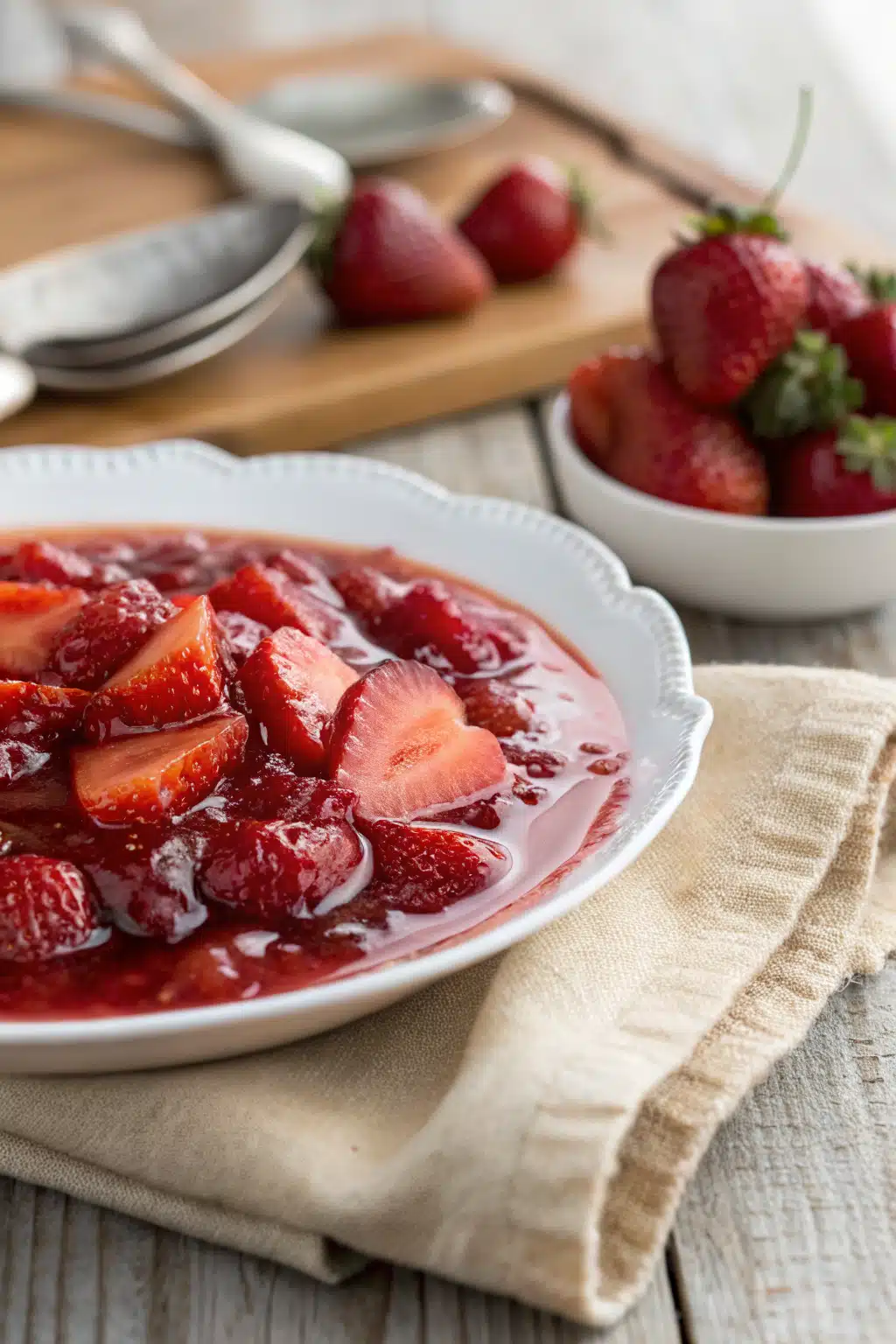 Homemade Strawberry Sauce slice on plate showing perfect texture and swirl pattern