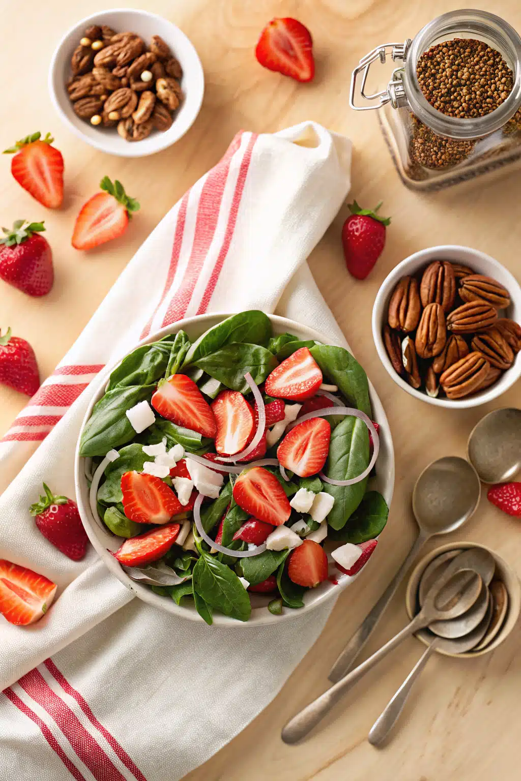 Strawberry Spinach Salad Recipe beautifully presented from an overhead angle