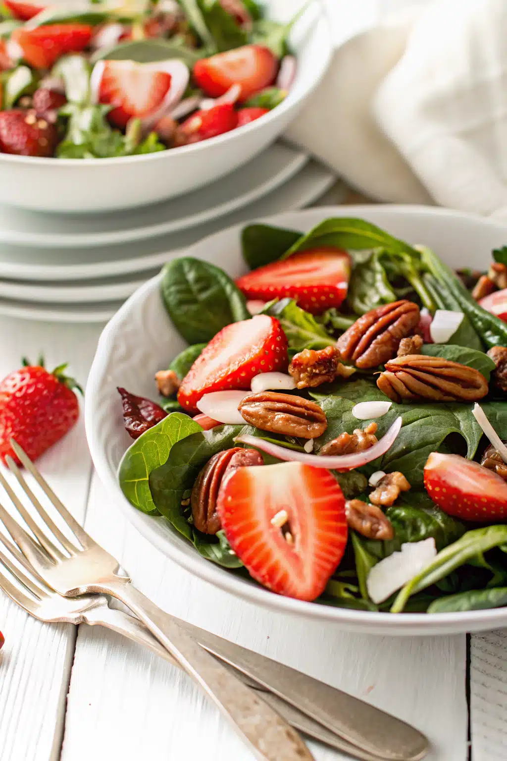 Strawberry Spinach Salad Recipe ingredients organized and measured on kitchen counter