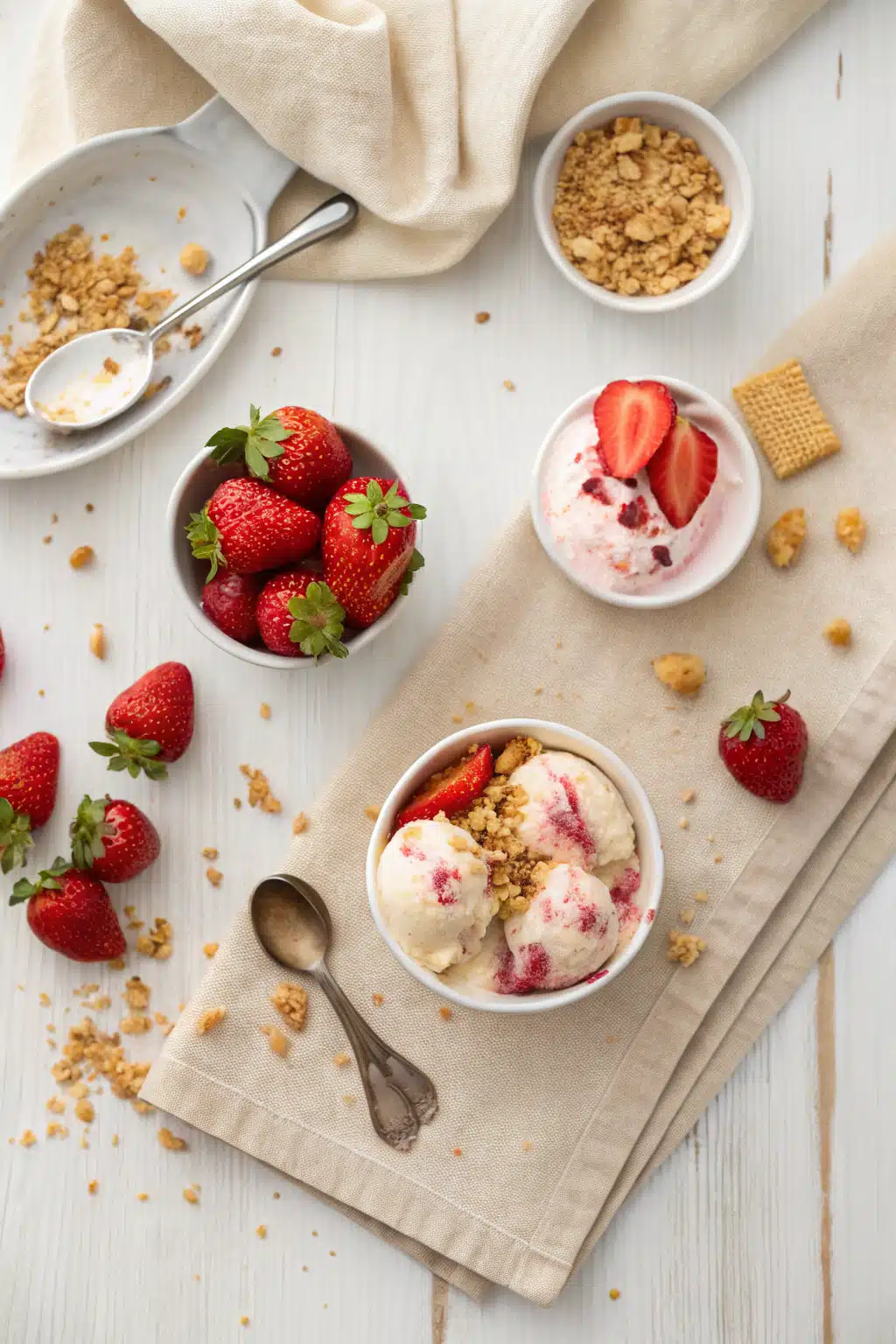 Strawberry Swirl Cheesecake Ice Cream beautifully presented from an overhead angle