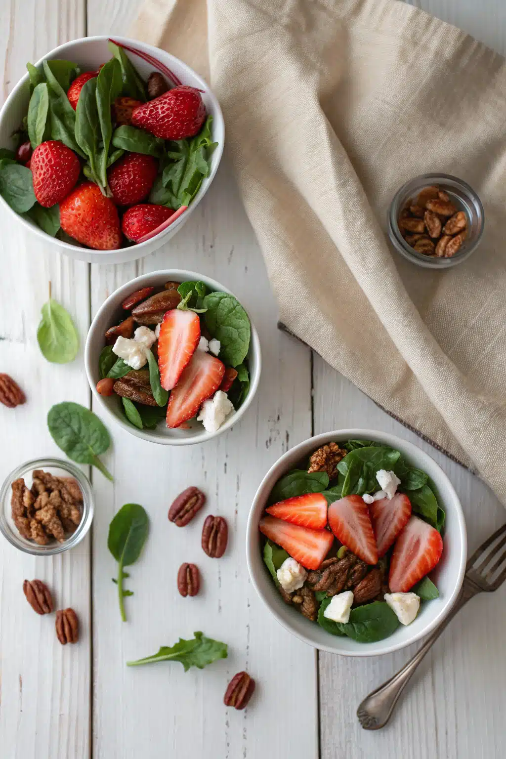 Strawberry Spinach Salad beautifully presented from an overhead angle