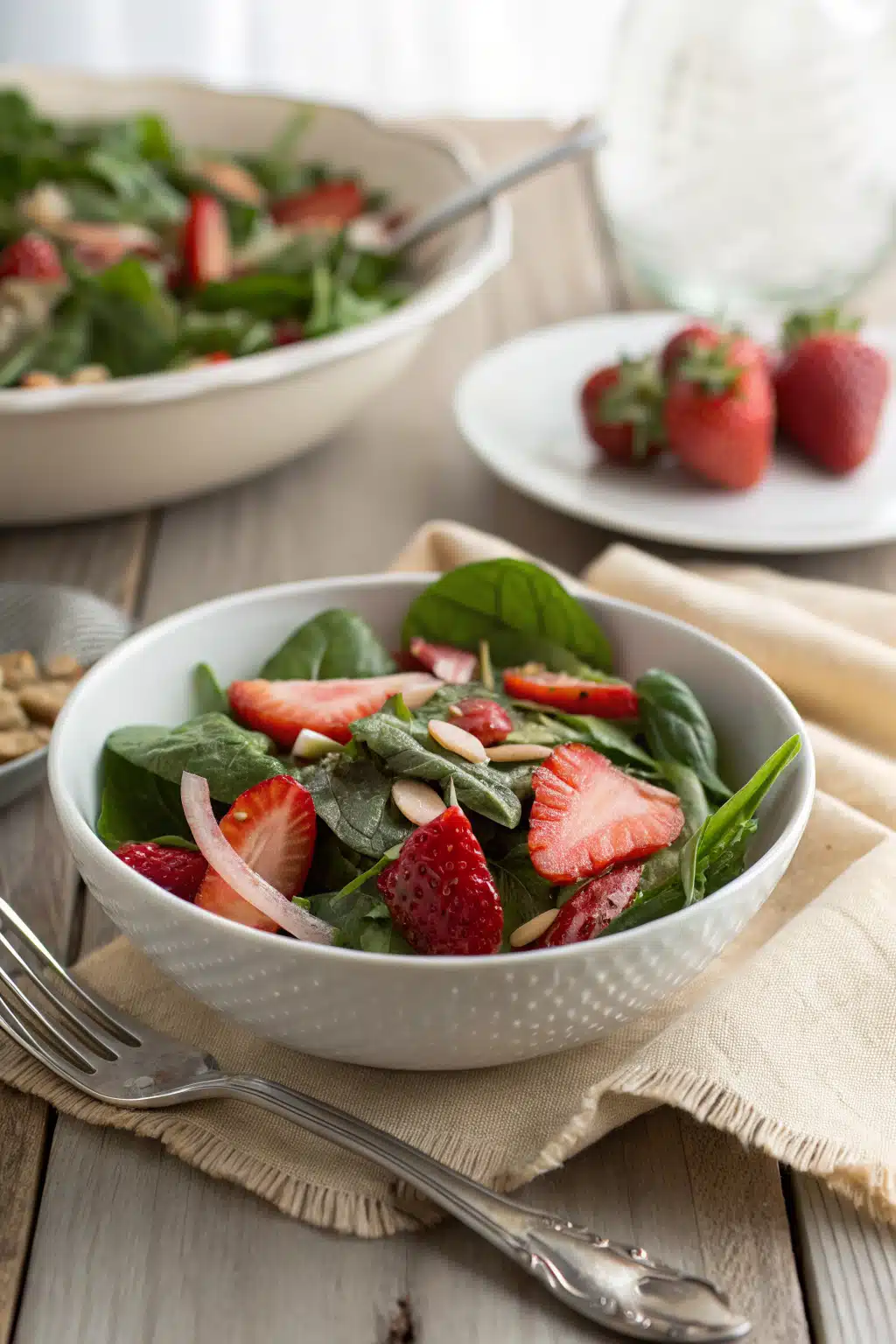 Strawberry Spinach Salad ingredients organized and measured on kitchen counter