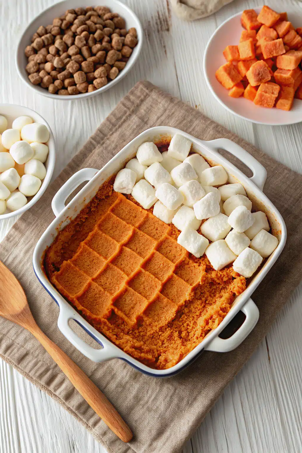 Sweet Potato Casserole beautifully presented from an overhead angle