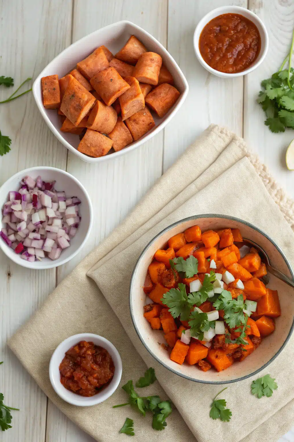 Sweet Potato Enchiladas beautifully presented from an overhead angle