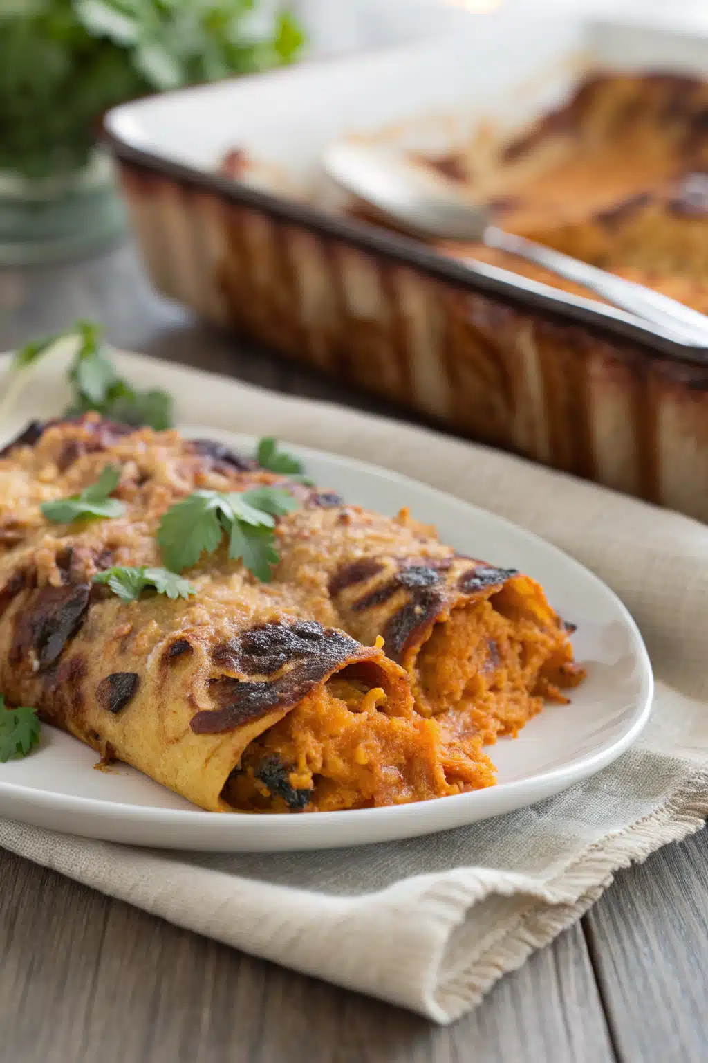 Sweet Potato Enchiladas slice on plate showing perfect texture and swirl pattern