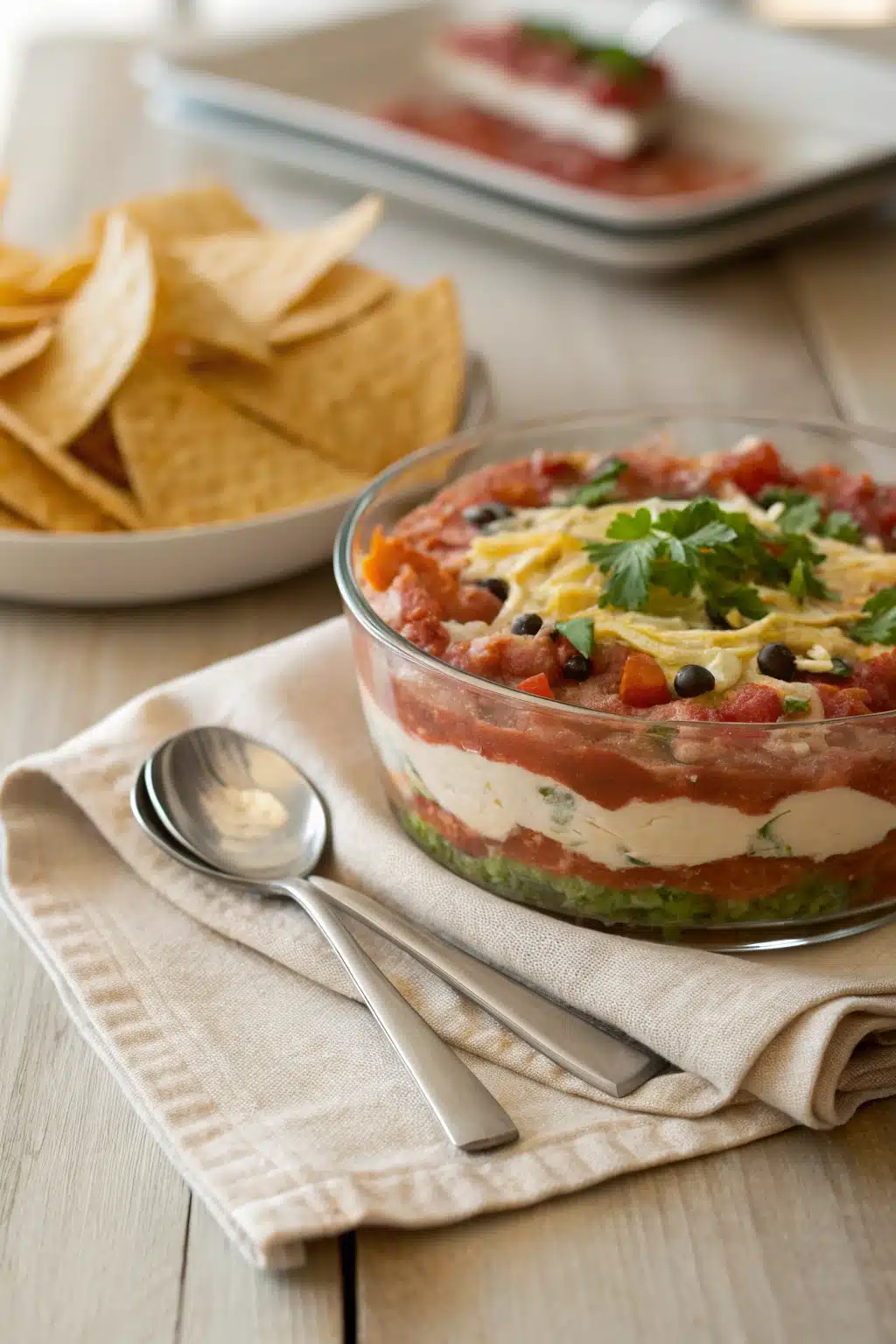 Easy Taco Dip ingredients organized and measured on kitchen counter