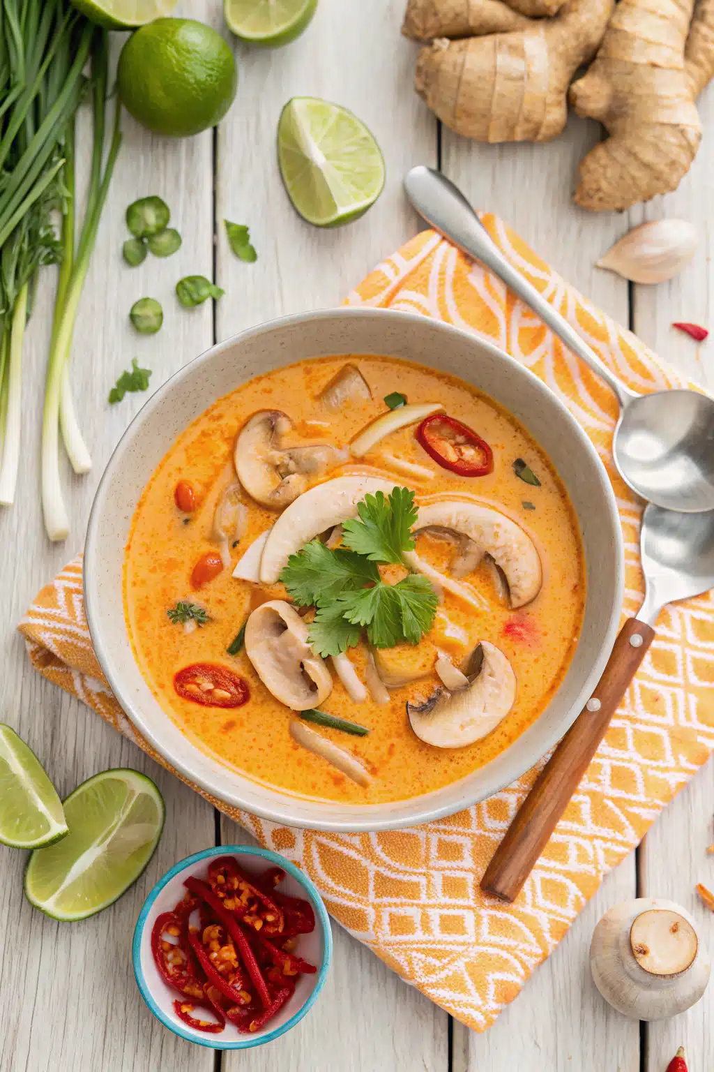 Crockpot Thai Chicken Soup beautifully presented from an overhead angle
