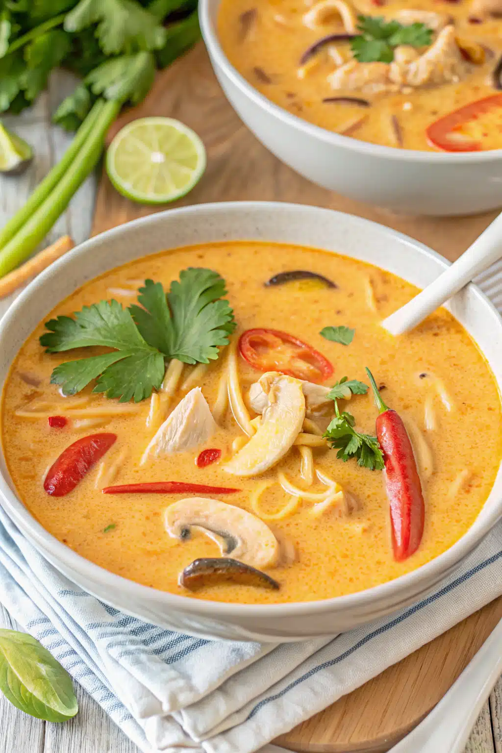 Crockpot Thai Chicken Soup slice on plate showing perfect texture and swirl pattern