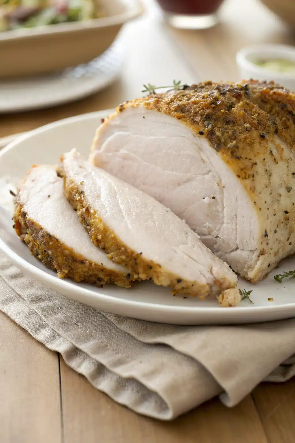 Thanksgiving Turkey slice on plate showing perfect texture and swirl pattern