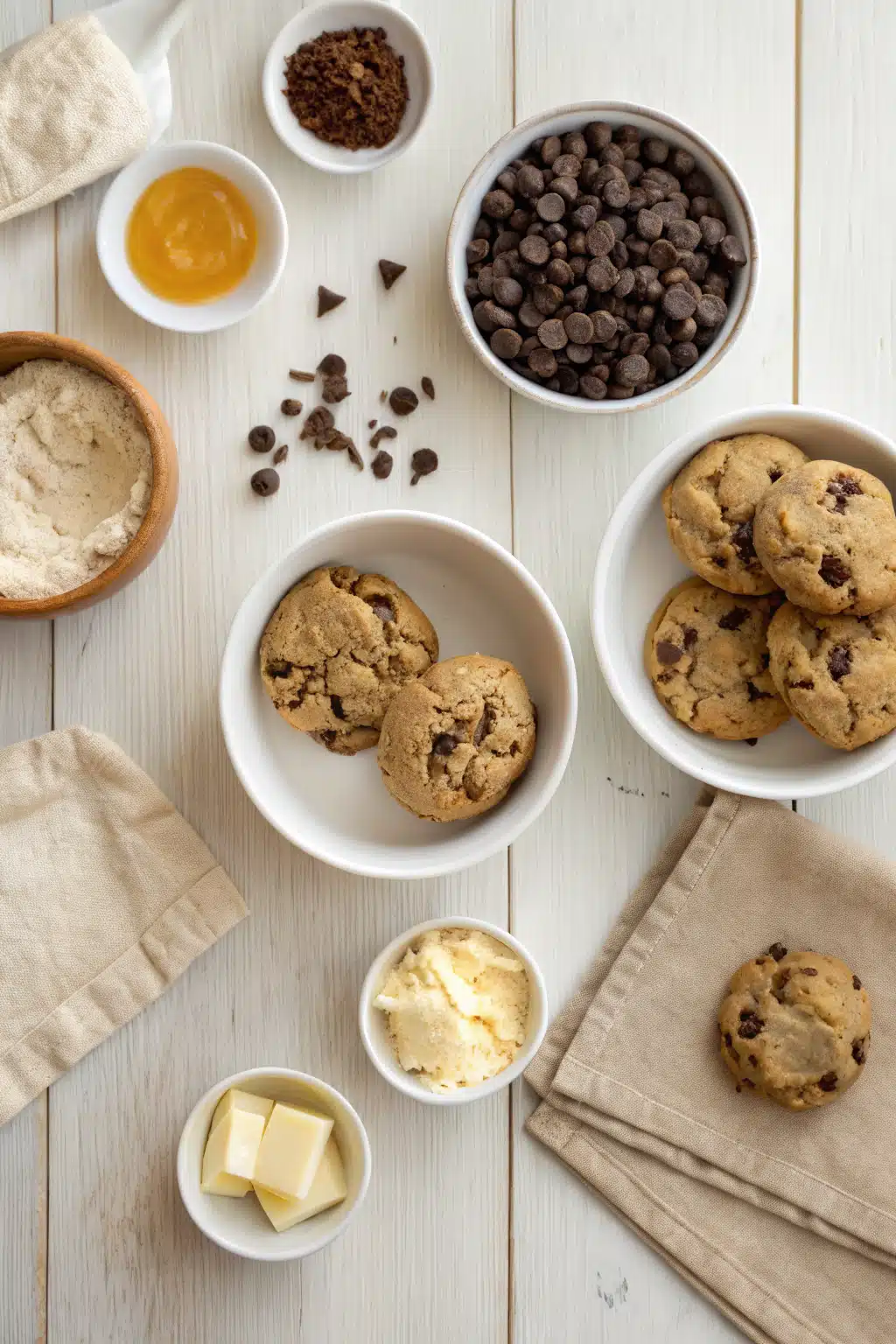 Chewy Chocolate Chip Cookies beautifully presented from an overhead angle