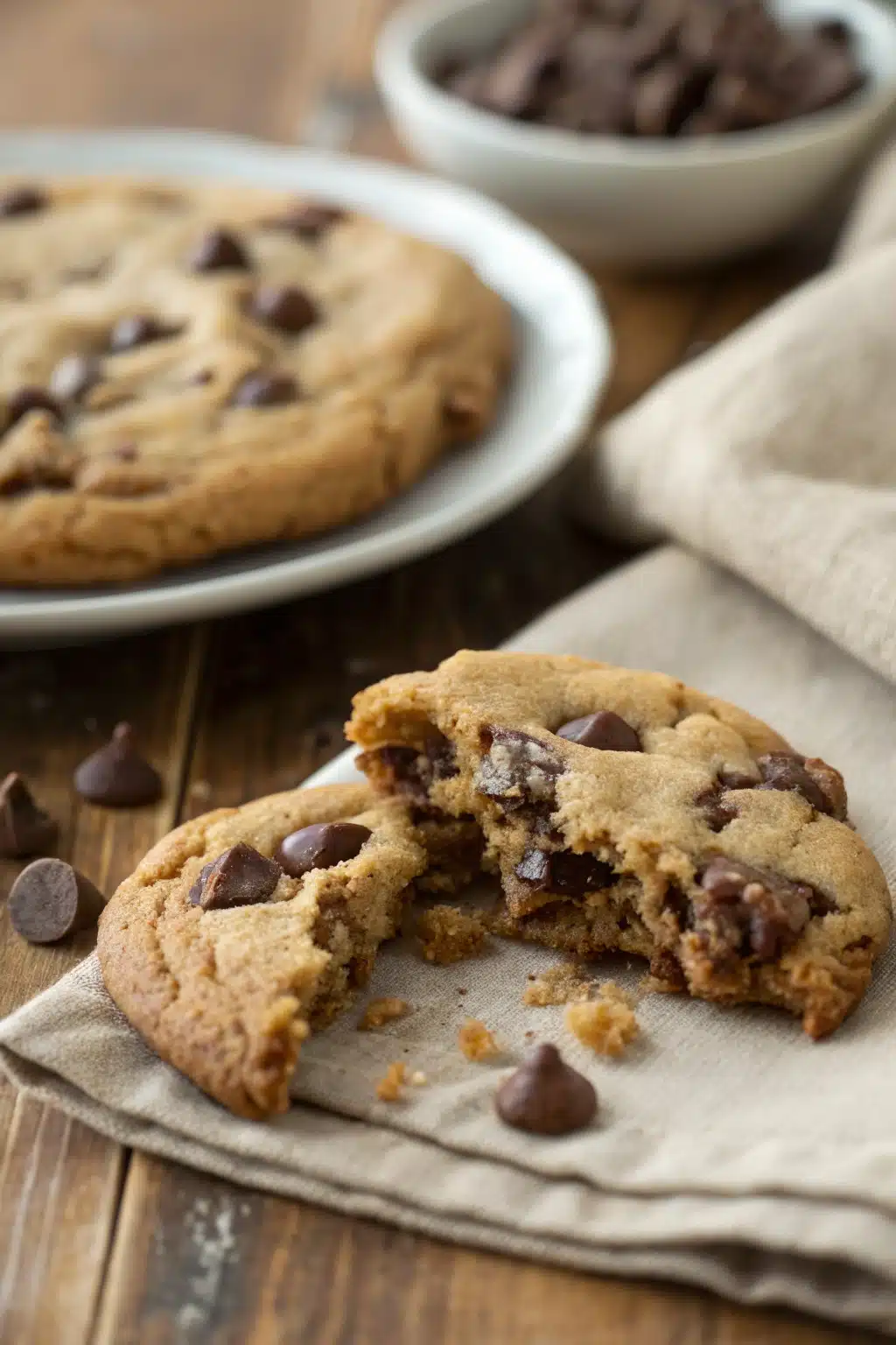 Chewy Chocolate Chip Cookies slice on plate showing perfect texture and swirl pattern