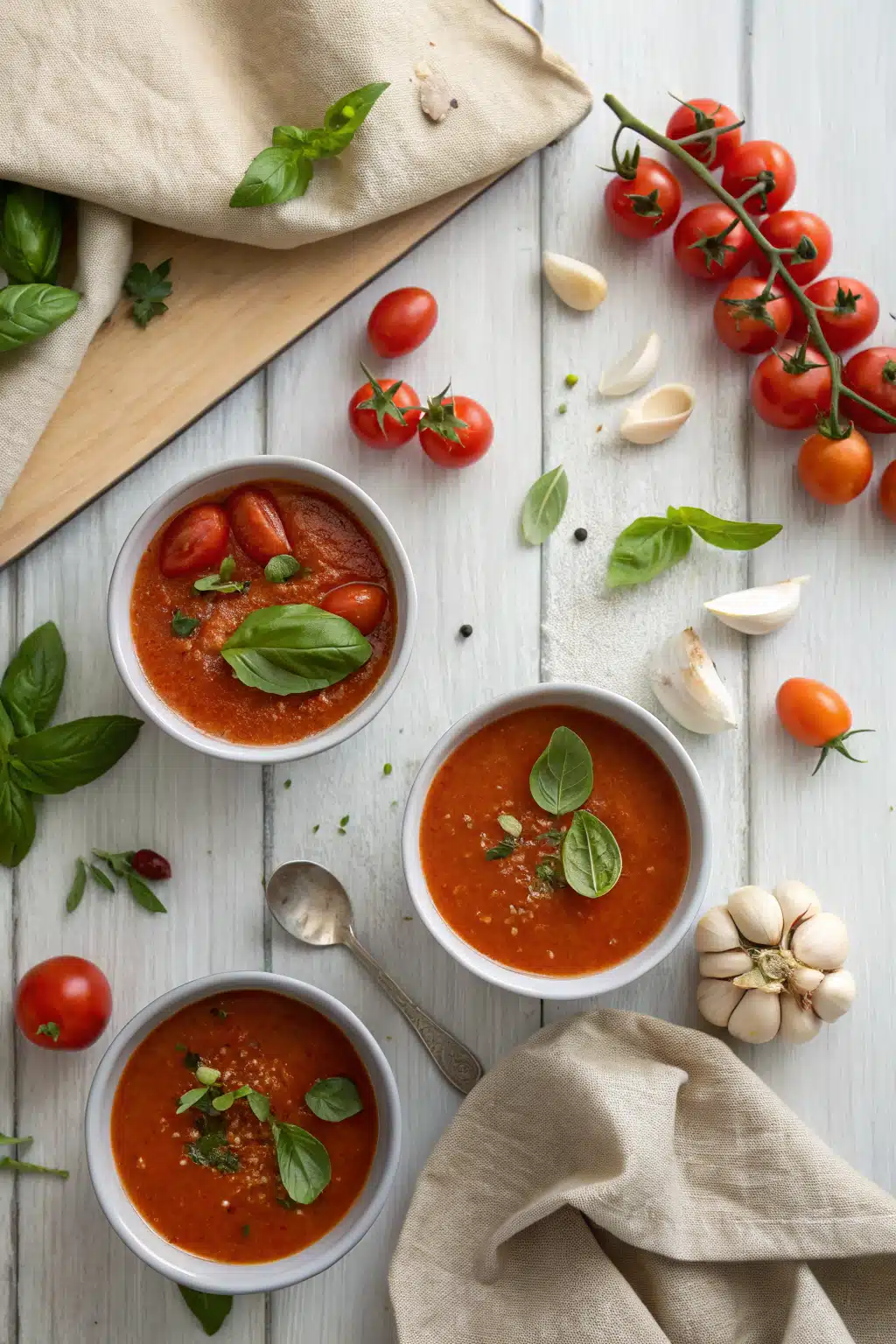 Homemade Tomato Soup beautifully presented from an overhead angle