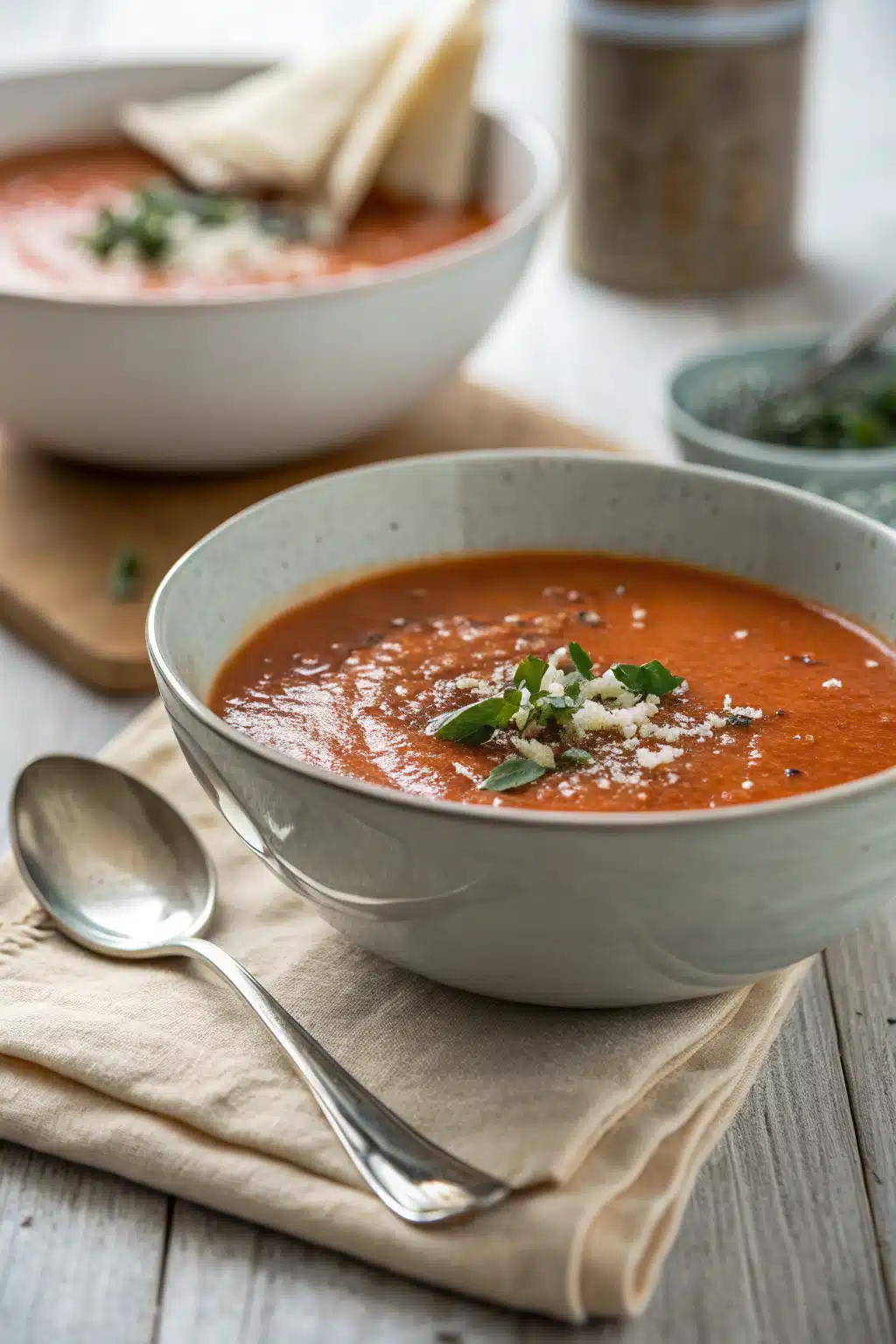 Homemade Tomato Soup ingredients organized and measured on kitchen counter