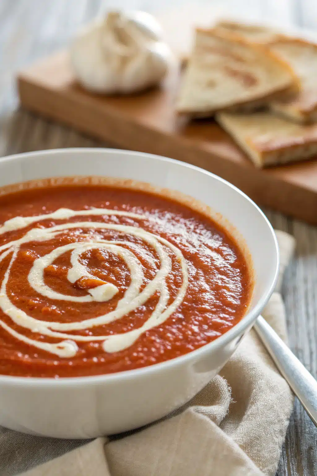 Homemade Tomato Soup slice on plate showing perfect texture and swirl pattern