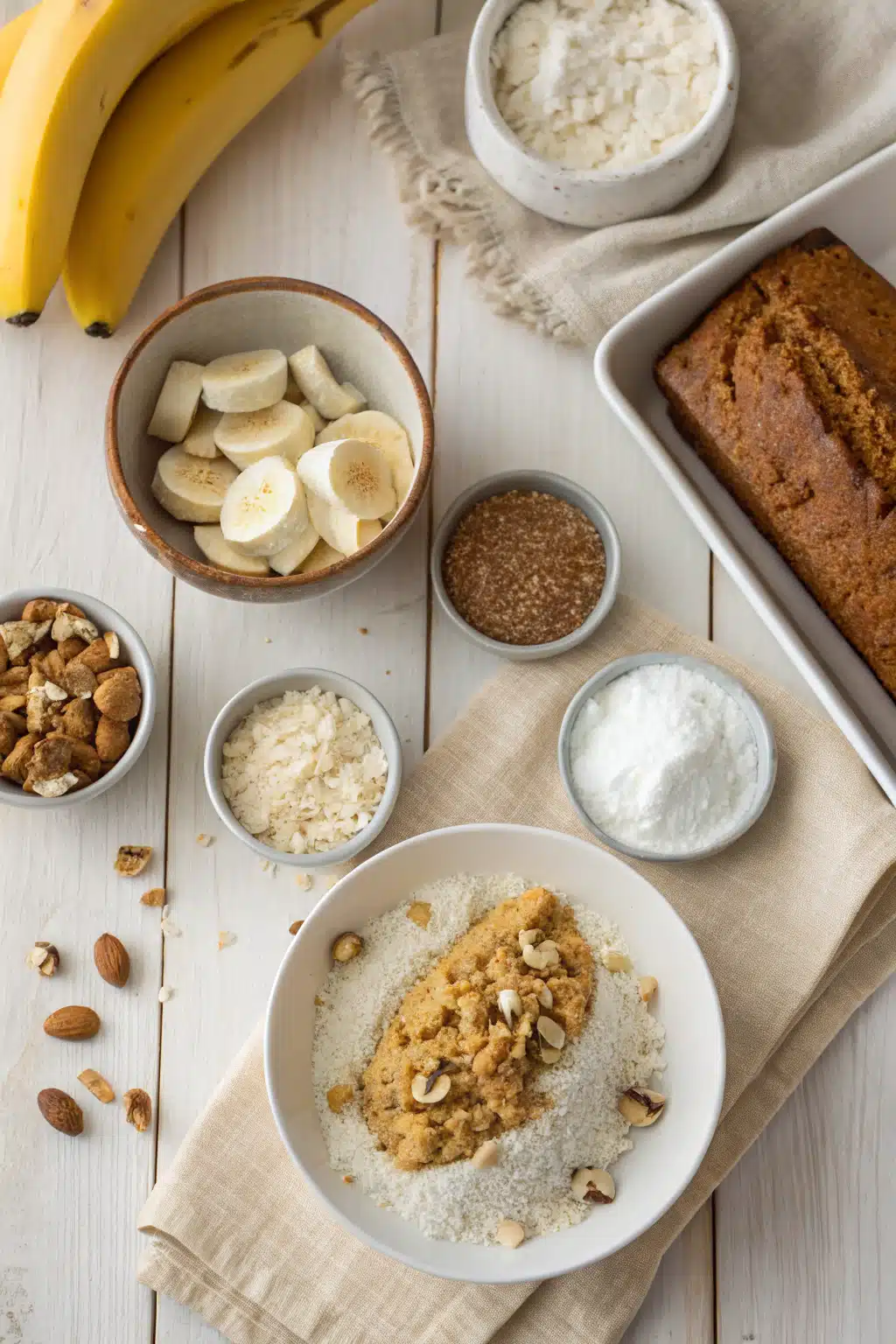 Tropical Banana Bread beautifully presented from an overhead angle