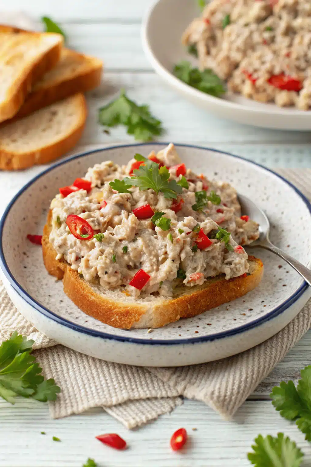 High Protein Tuna Salad slice on plate showing perfect texture and swirl pattern