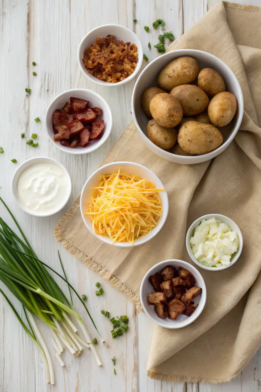 Twice Baked Potatoes beautifully presented from an overhead angle