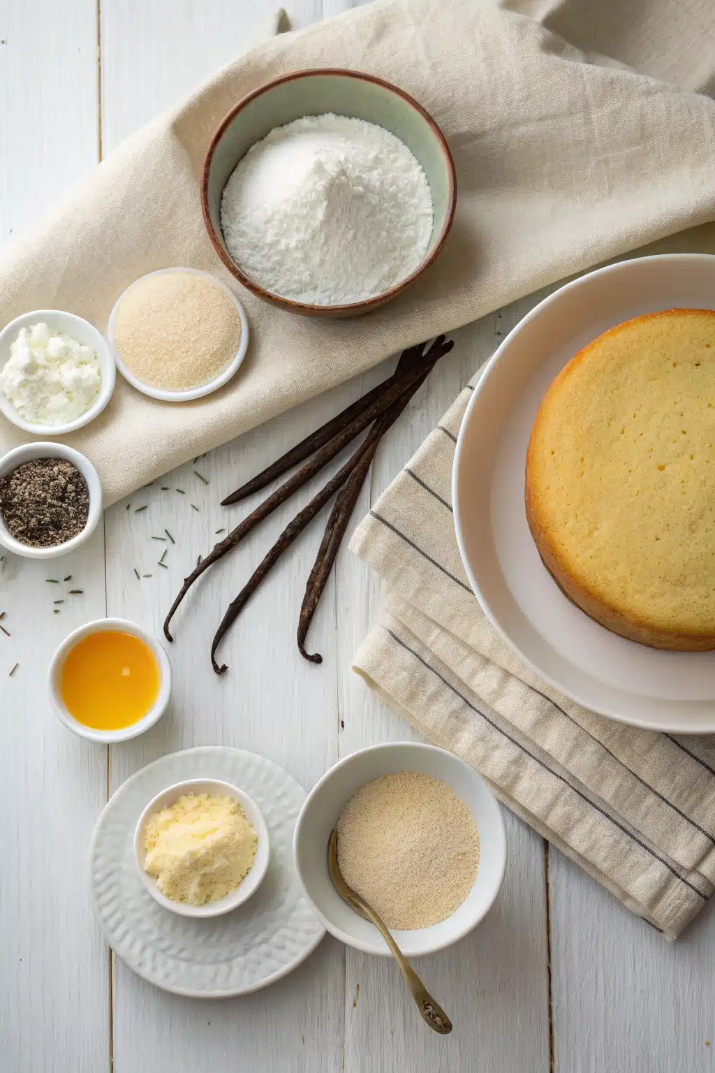 Best Vanilla Cake Recipe beautifully presented from an overhead angle