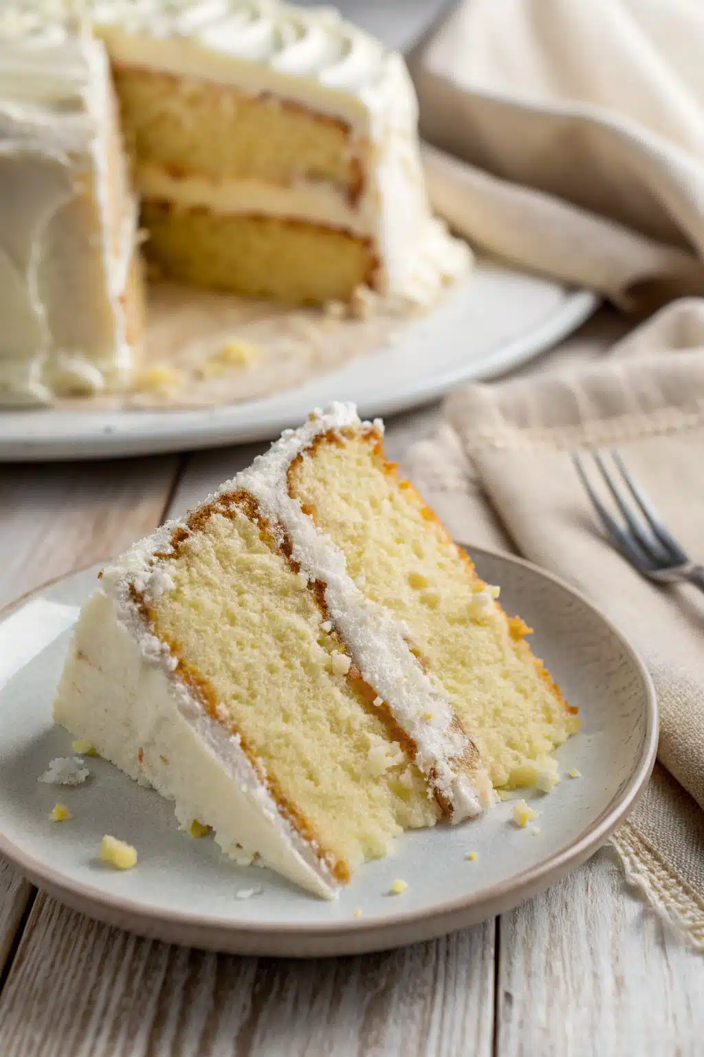 Best Vanilla Cake Recipe slice on plate showing perfect texture and swirl pattern