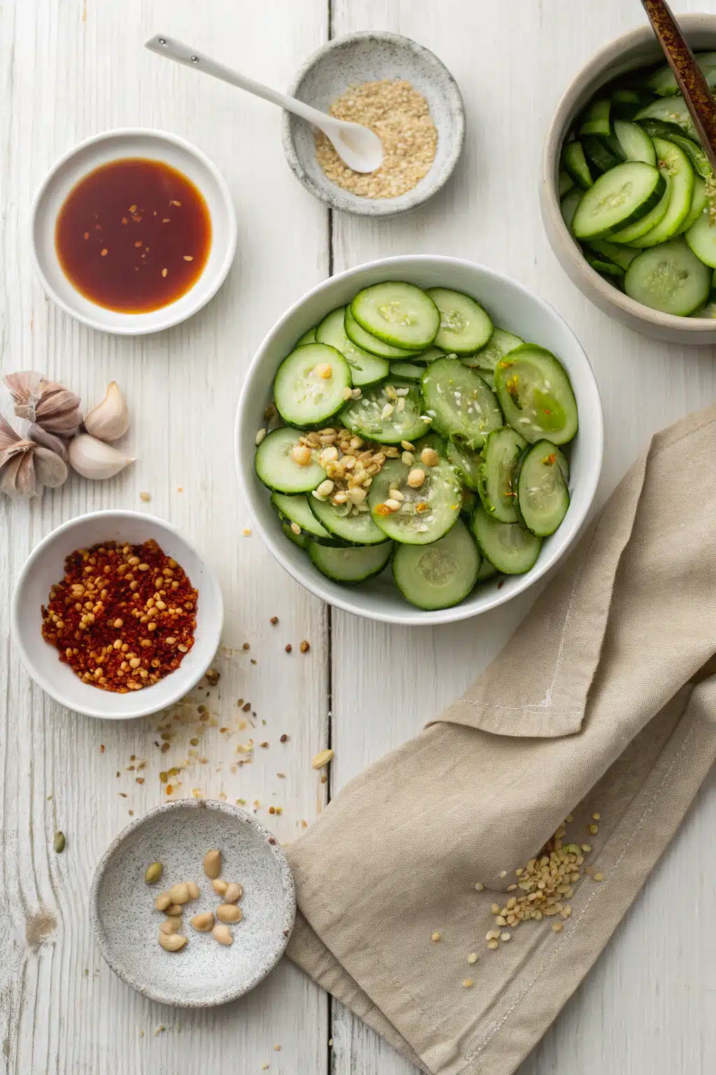 Viral Cucumber Salad beautifully presented from an overhead angle
