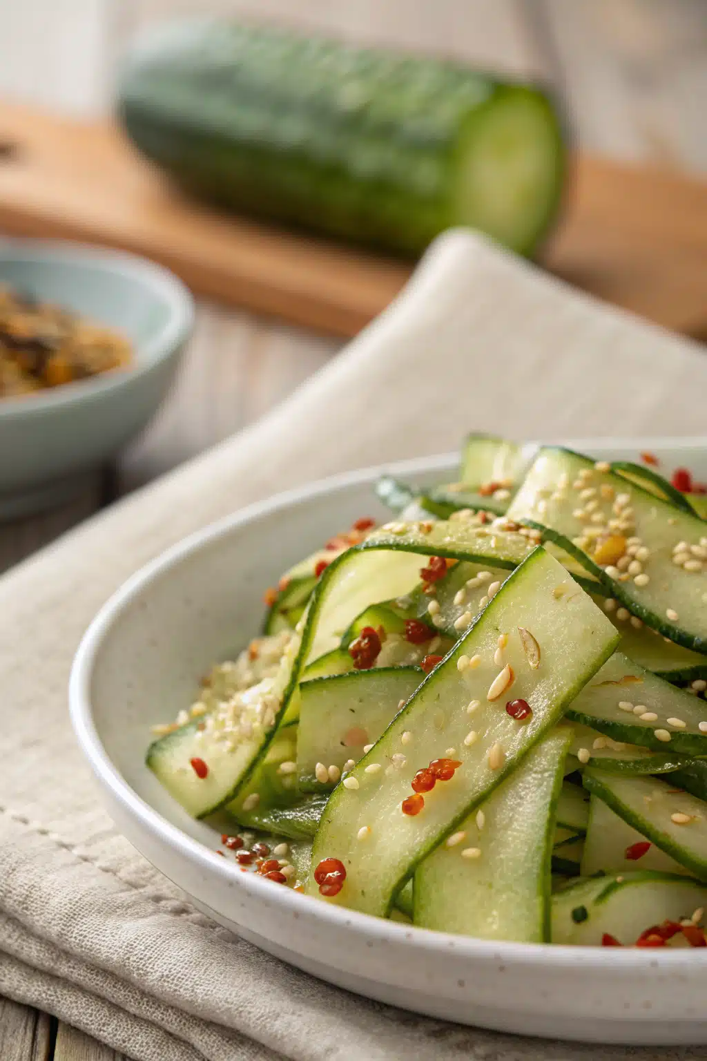 Viral Cucumber Salad slice on plate showing perfect texture and swirl pattern